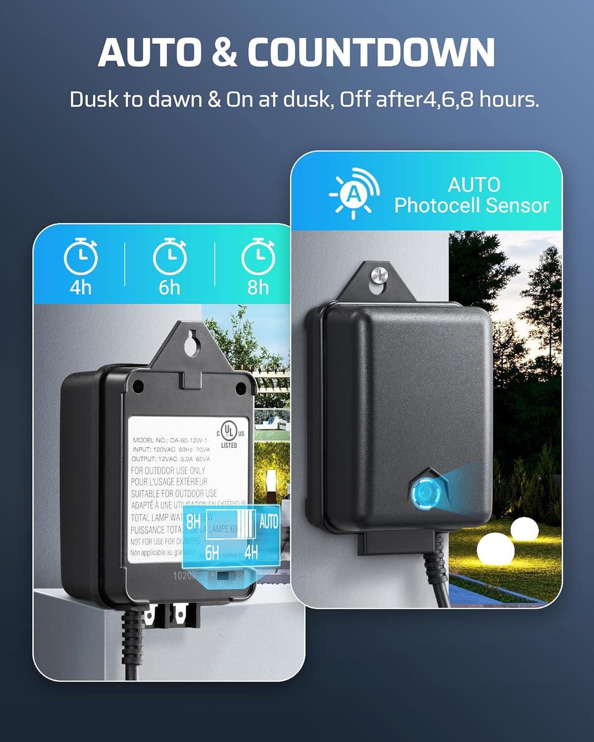 DEWENWILS 60W Low Voltage Transformer with Timer and Photocell Light Sensor, AC 120V to 12V Weatherproof for Outdoor Landscape Lighting