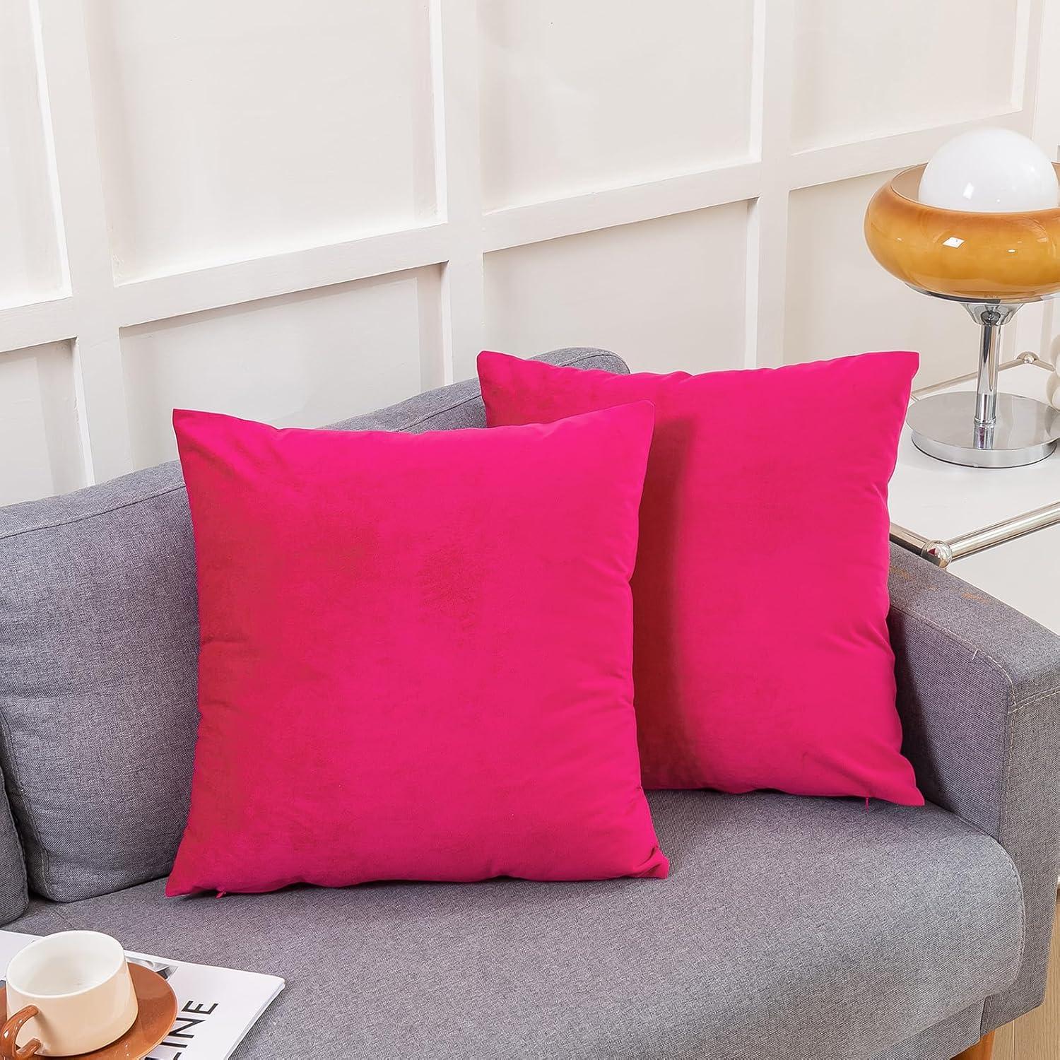 RainRoad Hot Pink Throw Pillows Covers Set of 2 Soft Velvet Decorative Pillow Covers 18x18 Inch for Couch Bed(Hot Pink, 18" x 18"(Pack of 2))