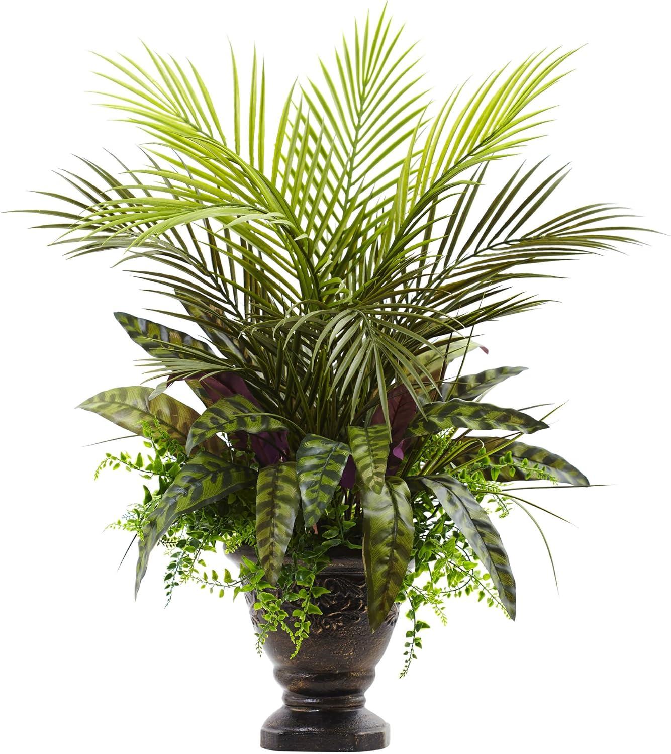 Nearly Natural 27" Plastic/Polyester Mixed Areca Palm, Fern & Peacock Artificial Plant with Planter, Green