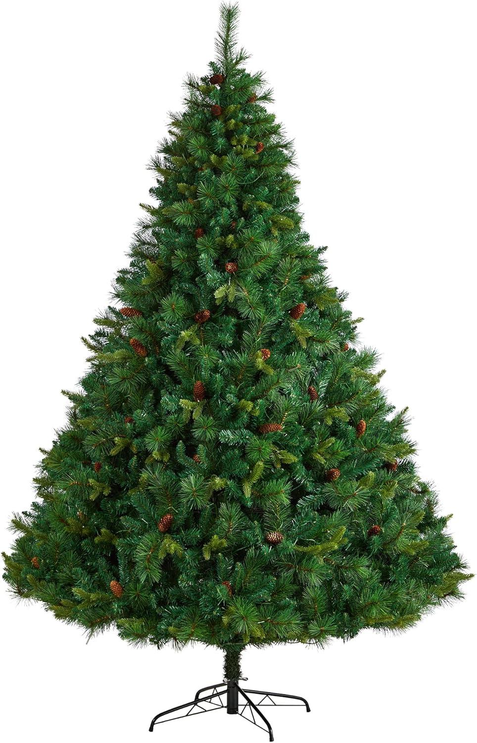 Nearly Natural 8’ West Virginia Full Bodied Mixed Pine Prelit LED Artificial Christmas Tree with Pine Cones