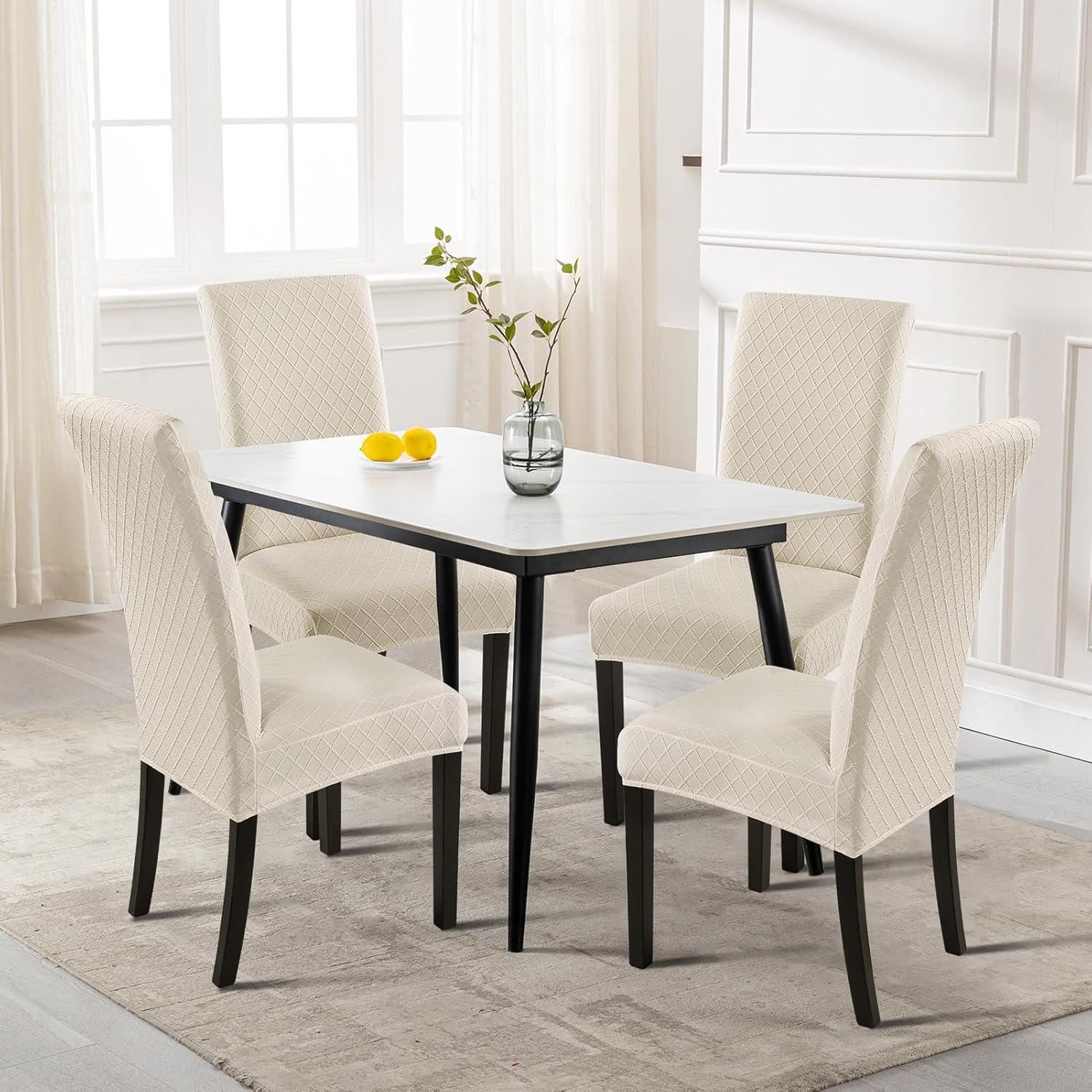 Beige Stretch Jacquard Dining Chair Covers, Set of 4