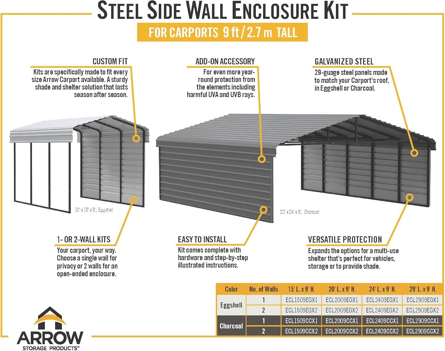 Arrow 24 x 20 ft Charcoal Carport with 1-sided Enclosure