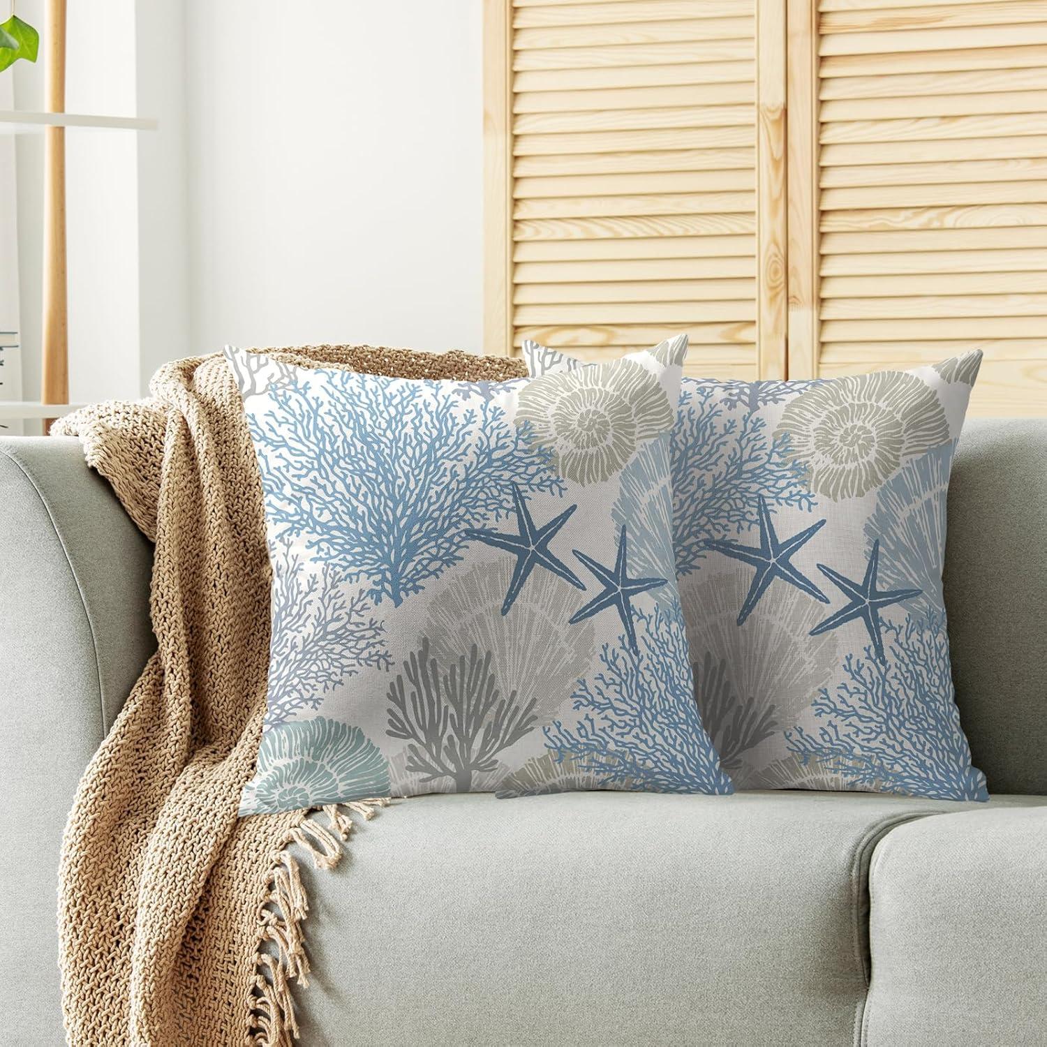 Nautical Coastal Starfish and Coral 18x18 Polyester Pillow Covers, Set of 2