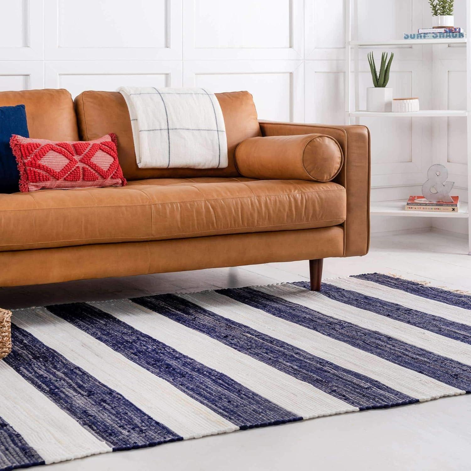 Unique Loom Chindi Rag Collection Area Rug - Striped (8'  x 10' Rectangle Navy Blue/Ivory)