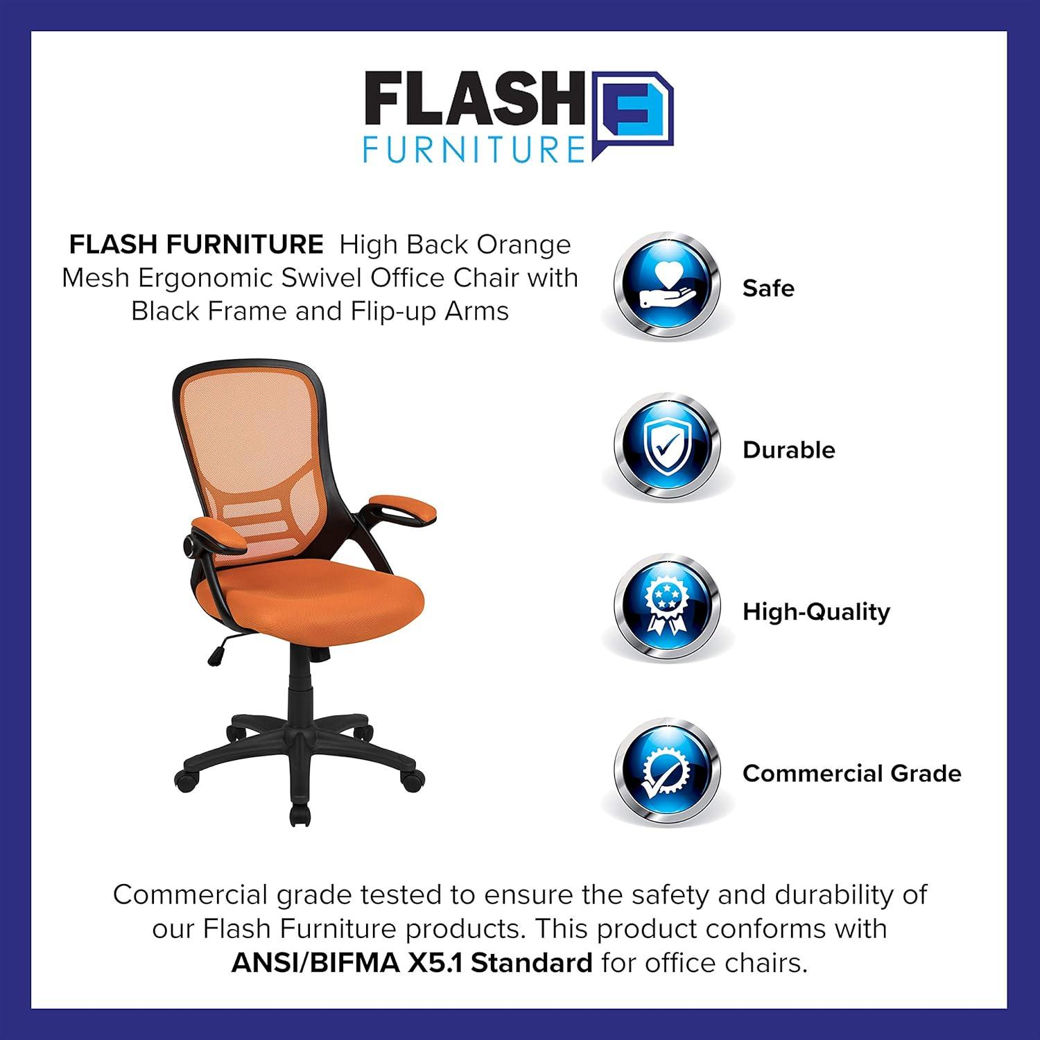 Flash Furniture High Back Orange Mesh Ergonomic Swivel Office Chair with Black Frame and Flip-up Arms