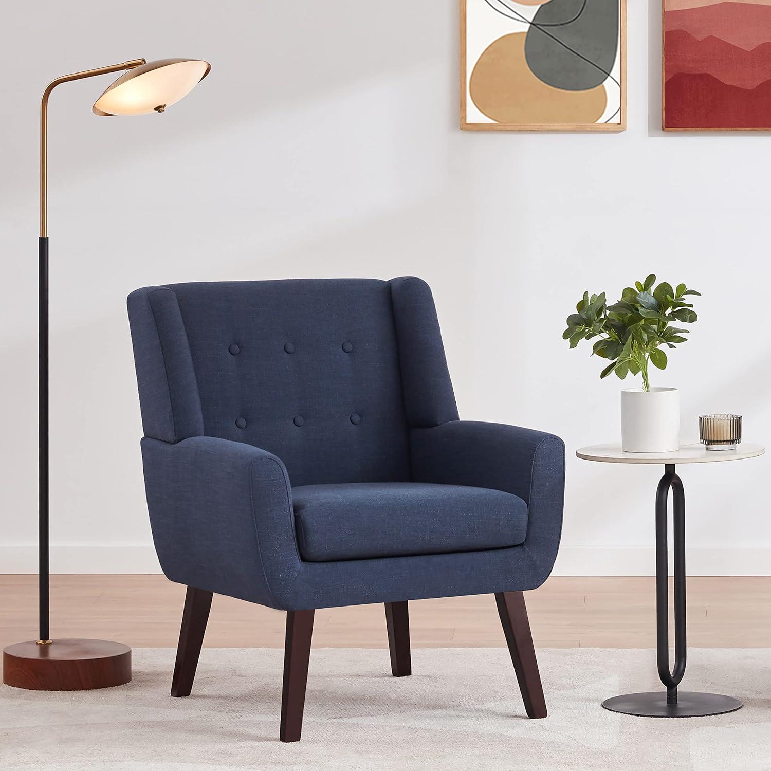 Accent Chair, Comfy Upholstered Mid Century Modern Armchair, Button-Tufted with Linen Fabric Lounge Arm Chairs for Living Room Bedroom(Dark Blue)