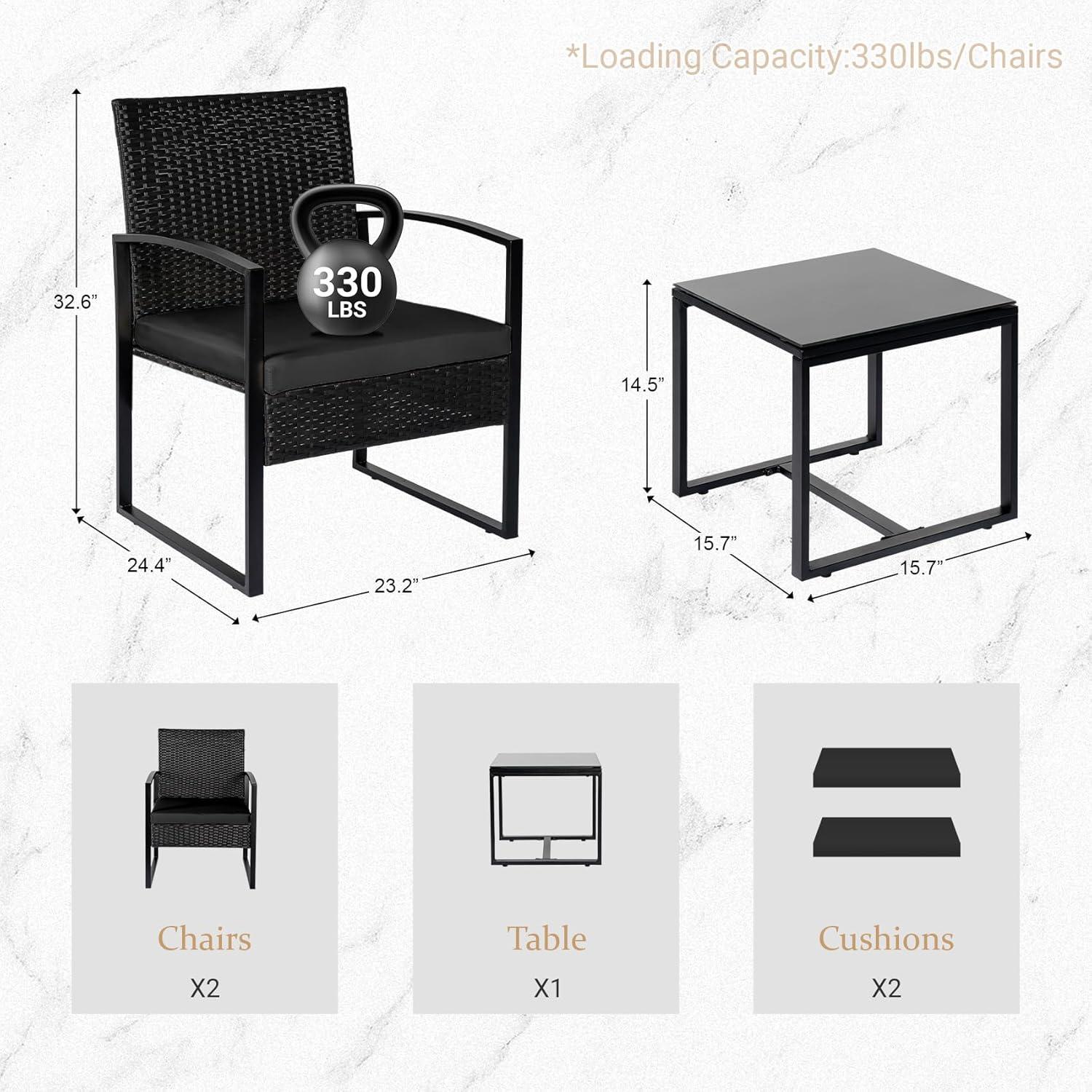 Black Steel and Wicker 3-Piece Patio Bistro Set with Beige Cushions