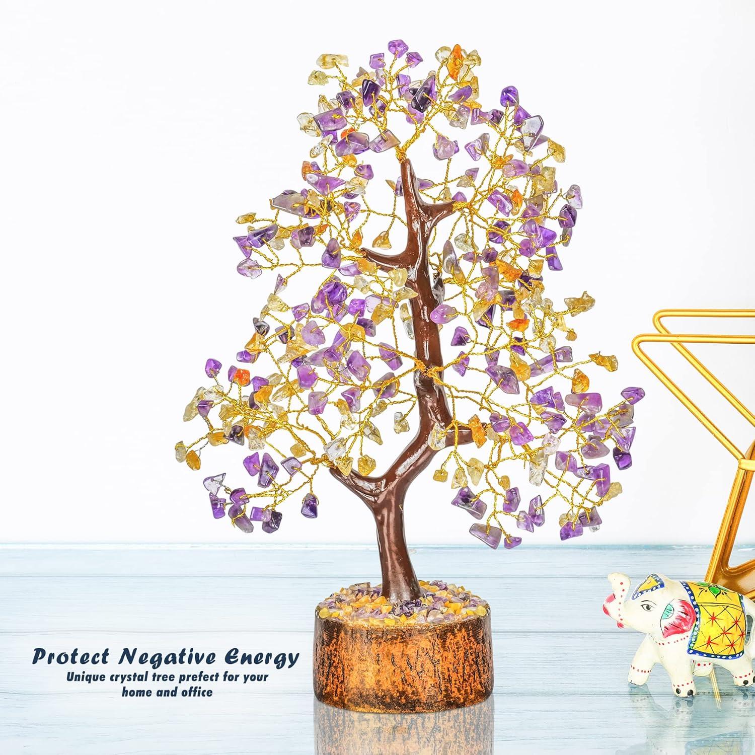 Amethyst and Citrine Crystal Bonsai Tree with Wooden Base