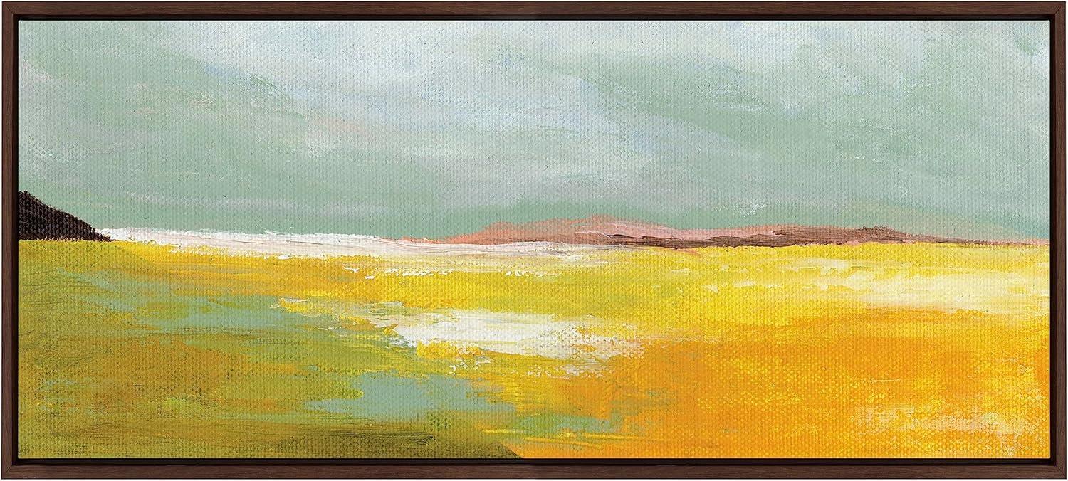 Kate and Laurel Sylvie Golden Root Lake Framed Canvas Wall Art by Nikita Jariwala, 18x40 Brown, Soft Abstract Prairie Landscape Art for Wall Decor