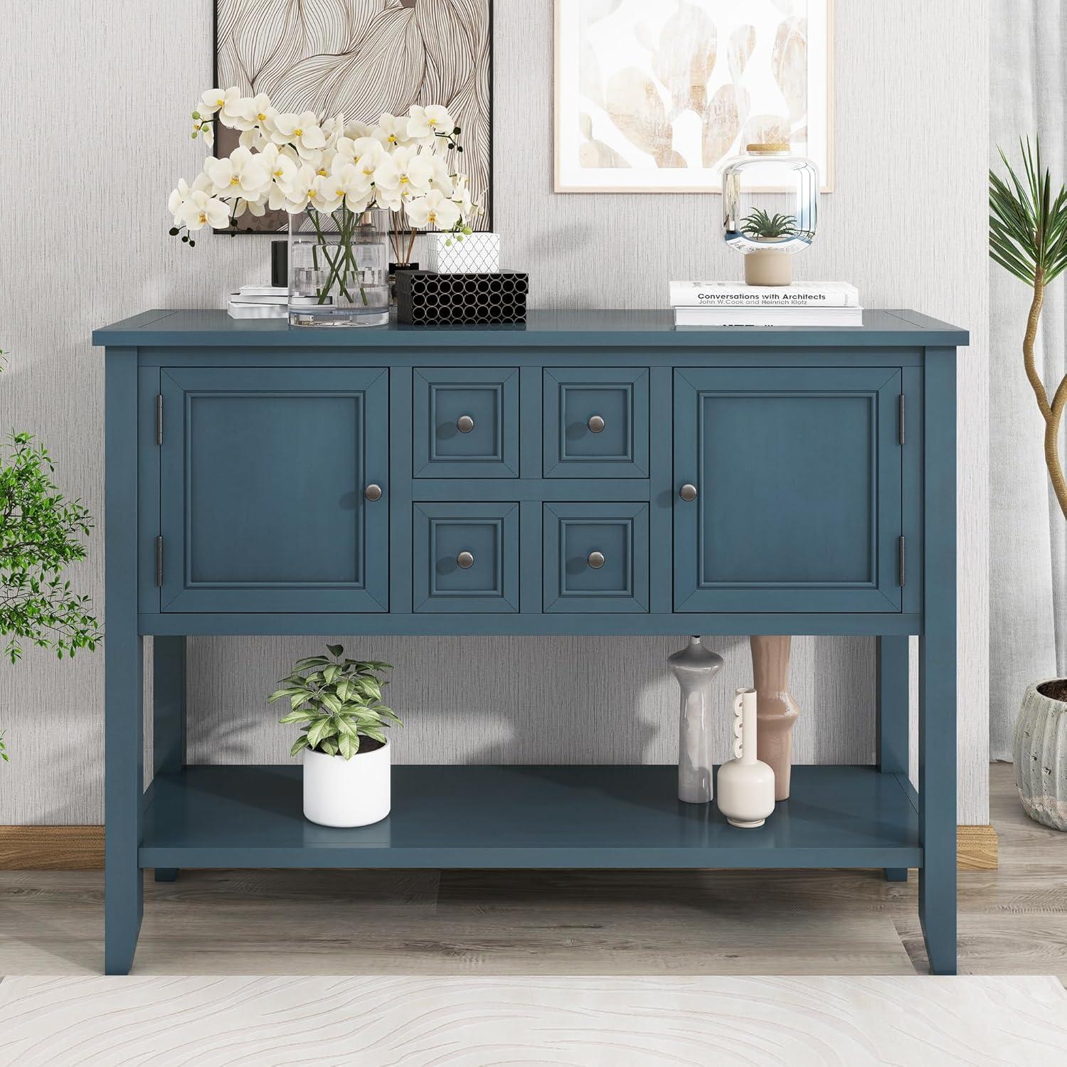 Light Navy Vintage Console Table with 4 Drawers and 2 Cabinets