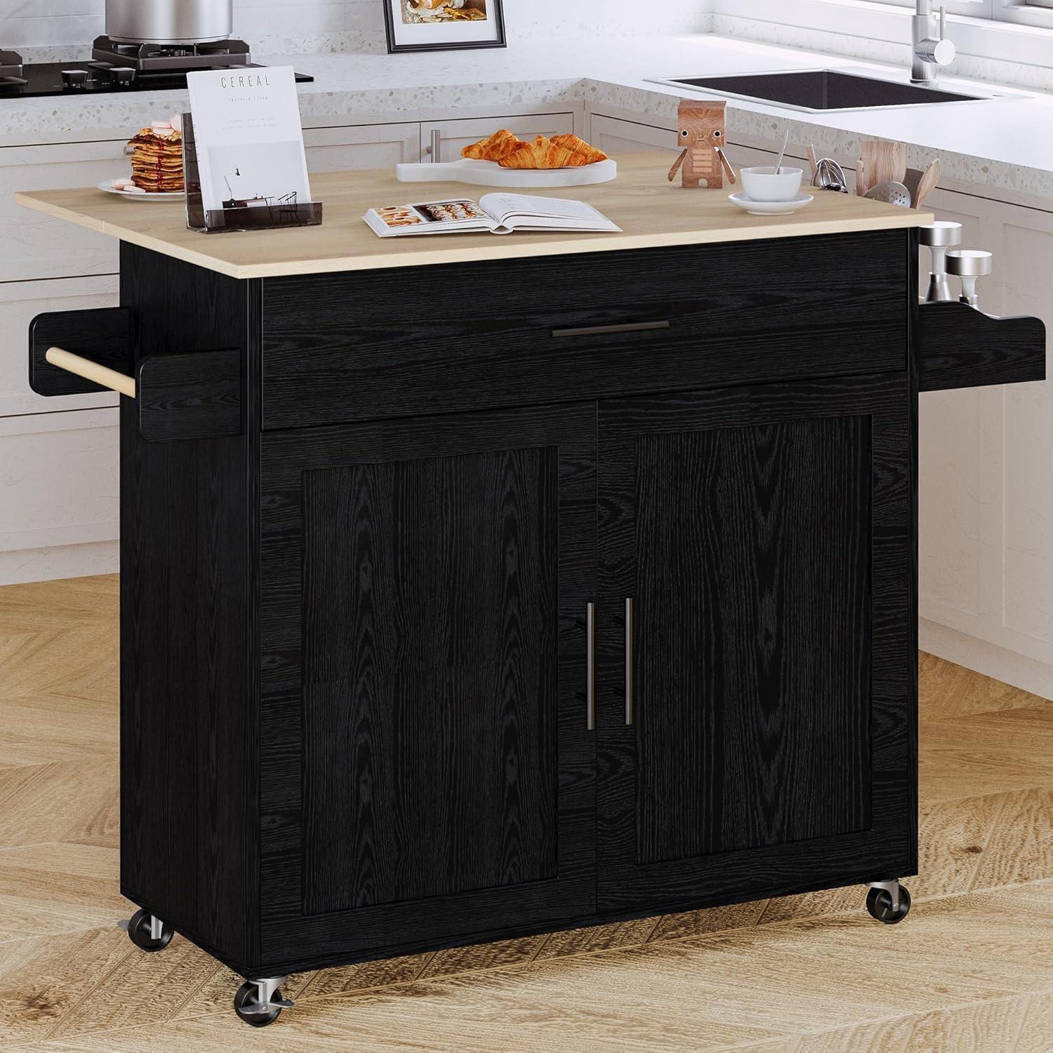 Black Wood Rolling Kitchen Island with Drop Leaf and Storage