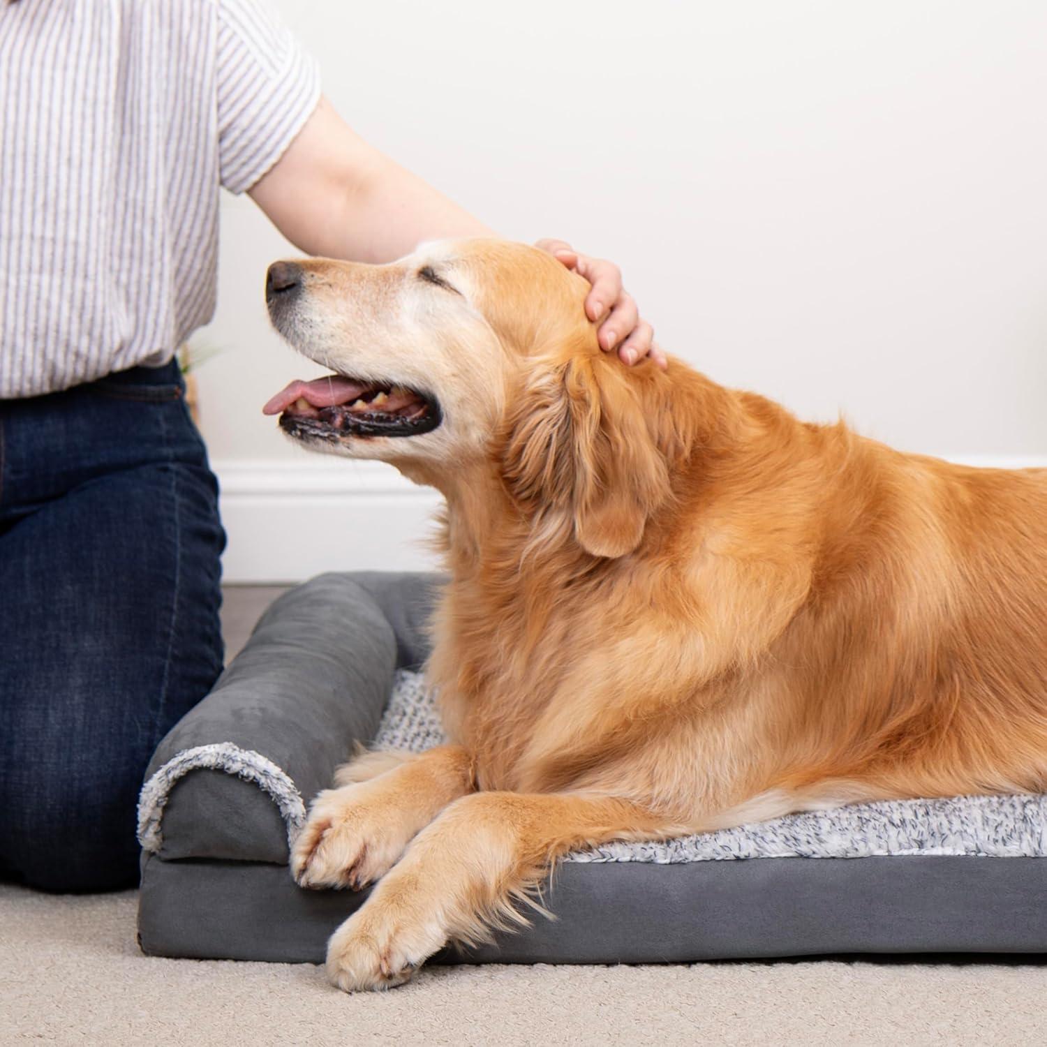 FurHaven Two-Tone Faux Fur & Suede Deluxe Chaise Lounge Orthopedic Sofa Dog Bed - Large, Stone Gray