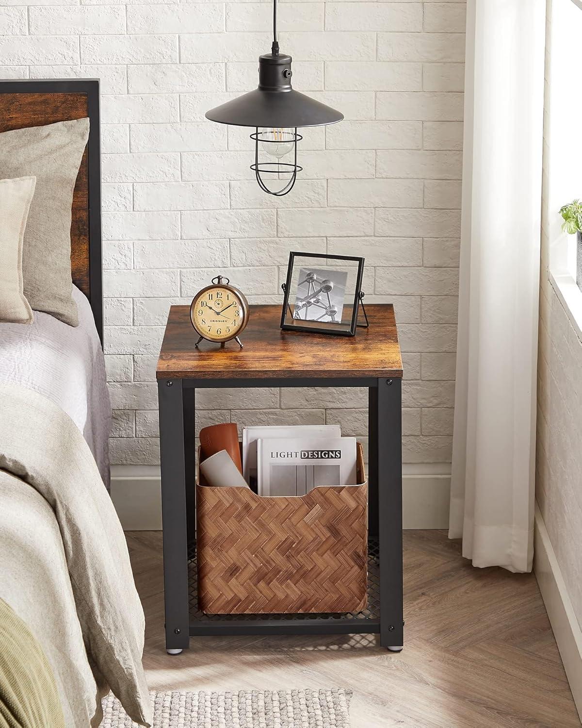 Industrial Side Table 2-Tier Nightstand with Mesh Shelf End Wood Look Accent Furniture with Metal Frame Black Brown Rectangular Finish