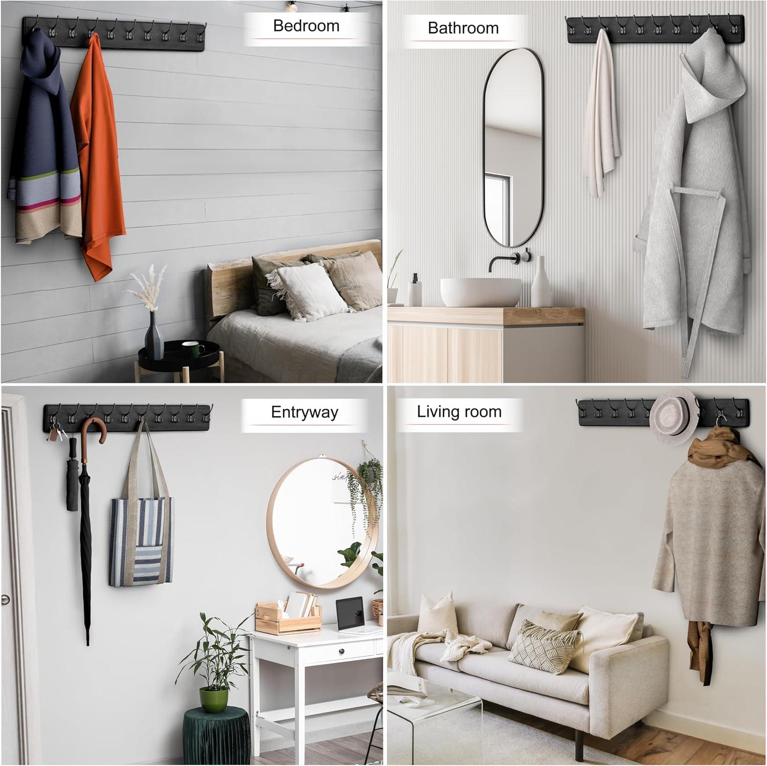 Rustic Coat Rack Wall Mount – 38.6 Inch Long Wall Mounted Coat Rack with 10 Hooks – Solid Pine Wood, Distressed Finish – Entryway Wall Hook Rack for Coats, Hats, Bags, Keys, Jackets - 2 Pack