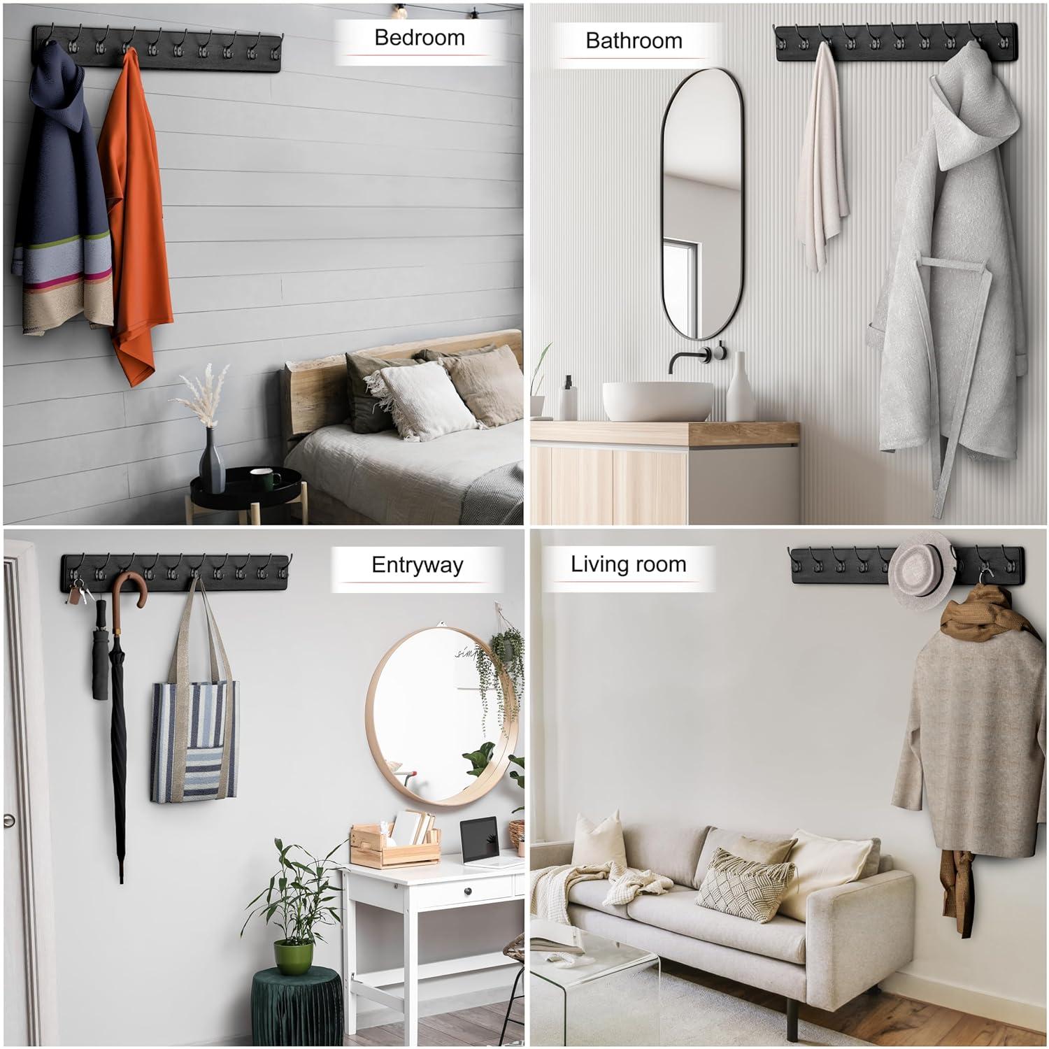 Rustic Coat Rack Wall Mount – 38.6 Inch Long Wall Mounted Coat Rack with 10 Hooks – Solid Pine Wood, Distressed Finish – Entryway Wall Hook Rack for Coats, Hats, Bags, Keys, Jackets - 2 Pack