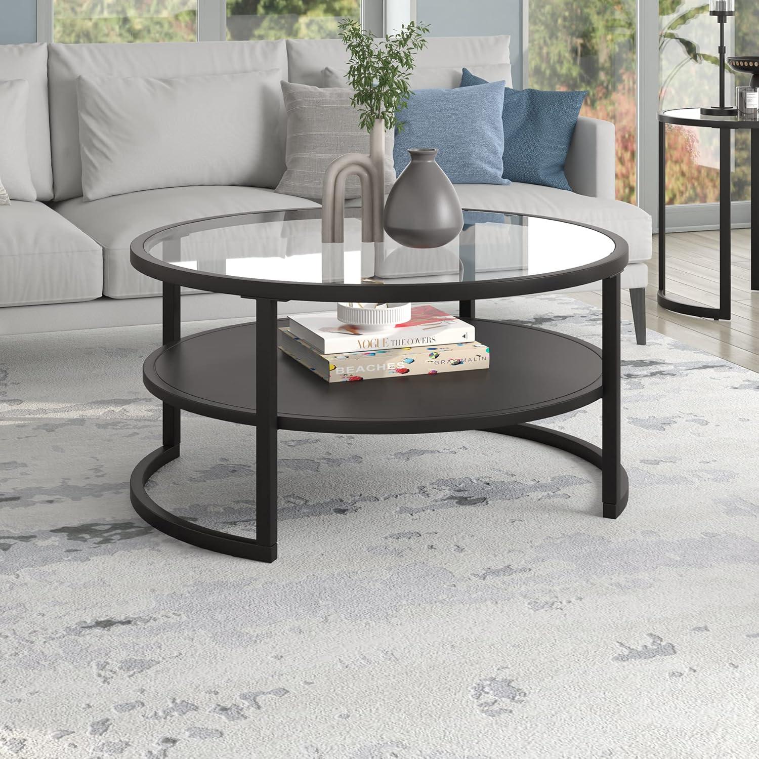 Elegant Industrial Round Coffee Table with Tempered Glass Top and Metal Shelf