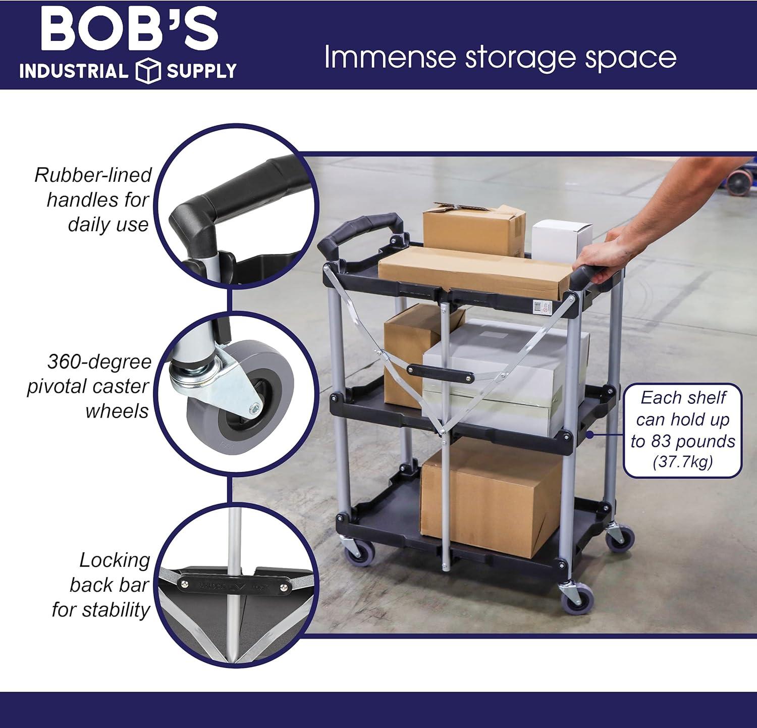 BISupply Rolling Cart - Collapsible 3 Tier Cart for Restaurant and Office