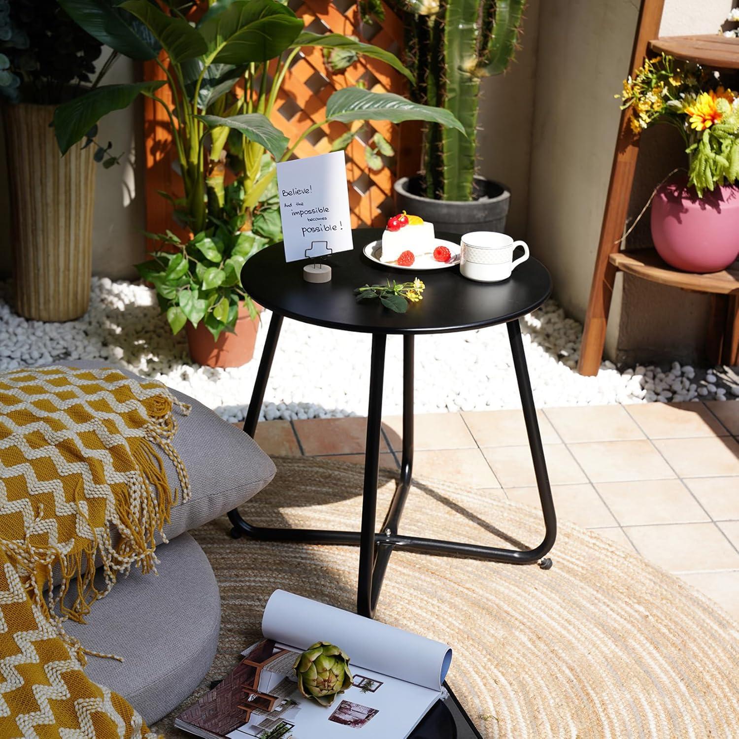 Black Round Steel Patio Side Table with Adjustable Feet