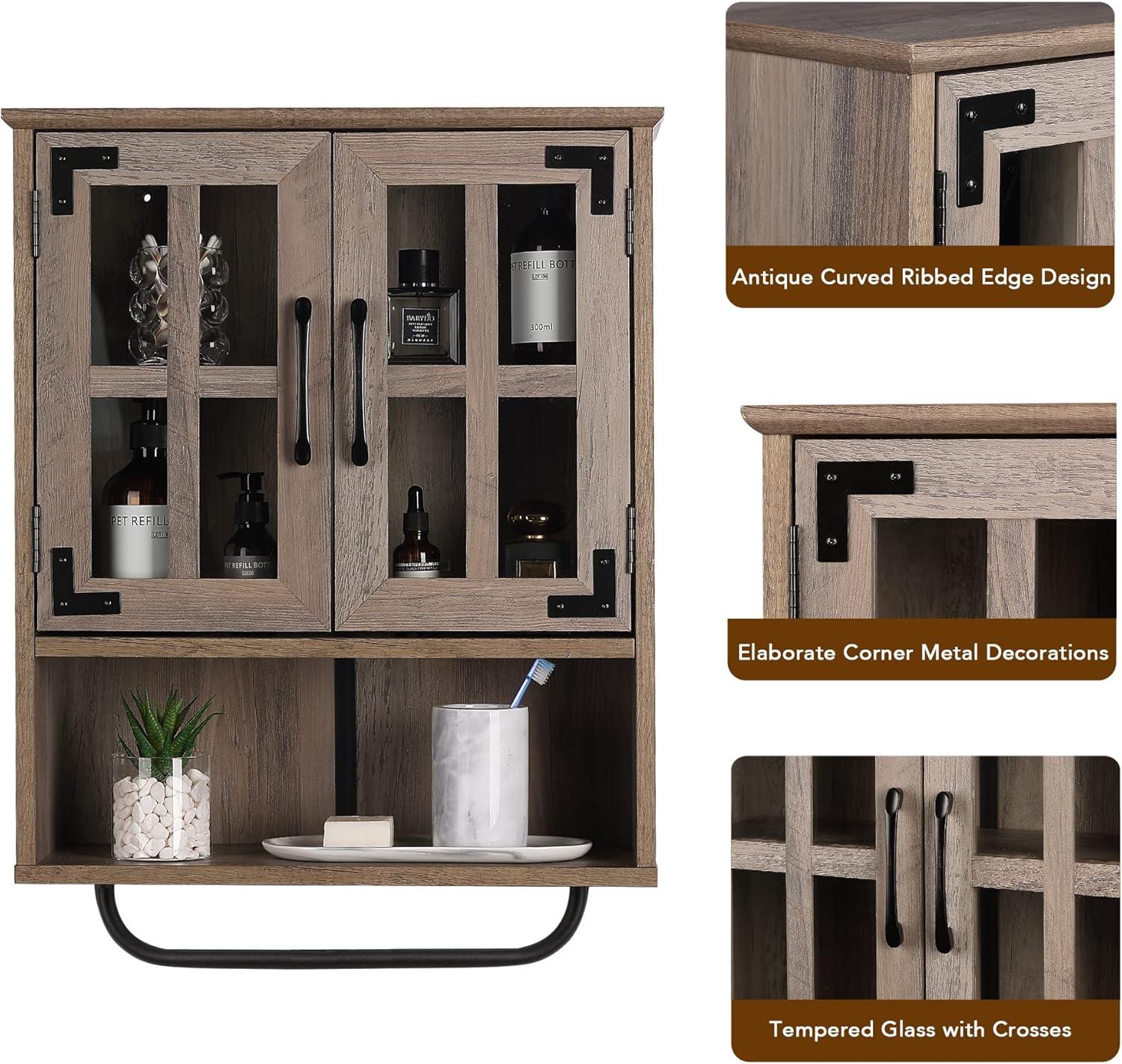 Wood Wall Storage Cabinet With Cross Glass Doors, Farmhouse Wall Mounted, 3 Tier Rustic Cabinet With Adjustable Shelves And Towel Bar For Bathroom, Living Room, Vintage White