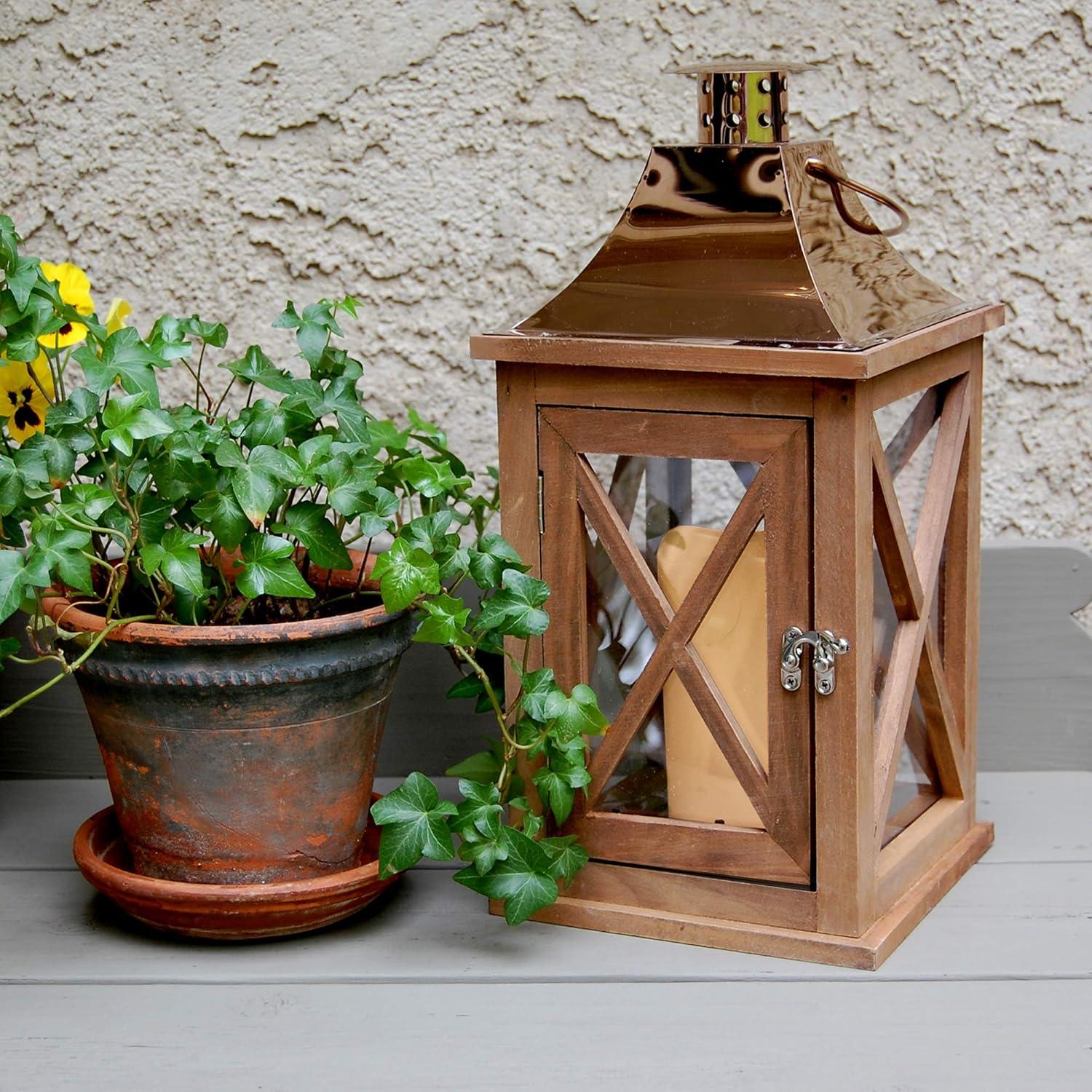 Natural with Copper Roof Wooden Lantern with Battery Operated Candle