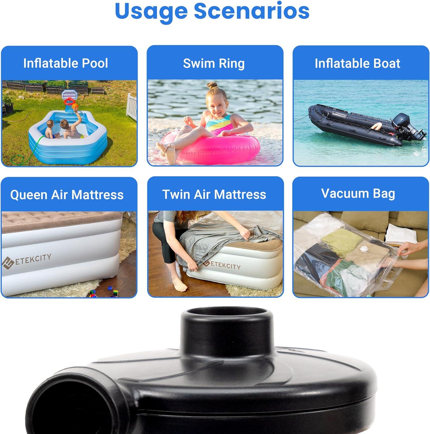 Etekcity Electric Air Pump Air Mattress Portable Pump for Inflatables Couch, Pool Floats, Blow up Pool Raft Bed Boat Toy, Quick-Fill AC Inflator Deflator with Nozzles, 110-120 Volt, Black