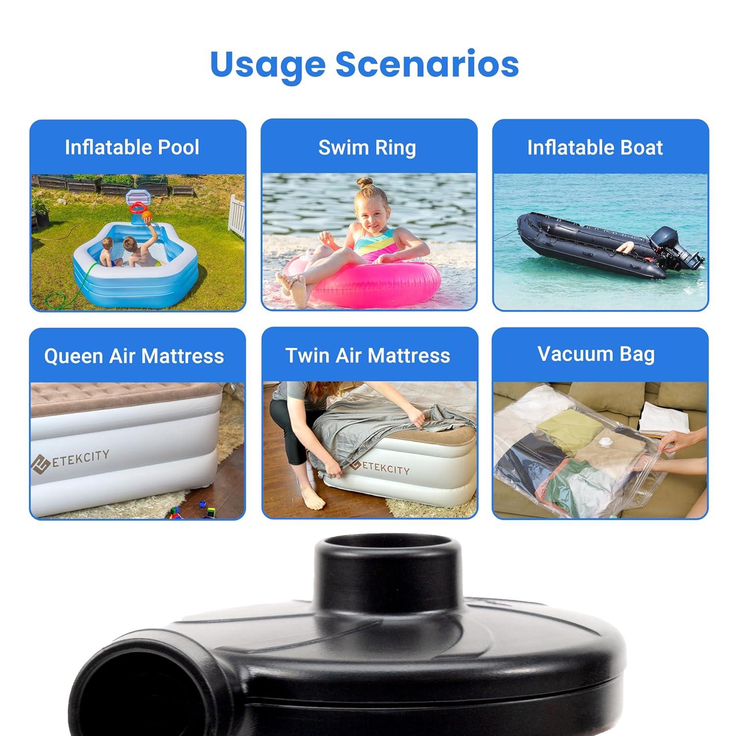 Etekcity Electric Air Pump Air Mattress Portable Pump for Inflatables Couch, Pool Floats, Blow up Pool Raft Bed Boat Toy, Quick-Fill AC Inflator Deflator with Nozzles, 110-120 Volt, Black