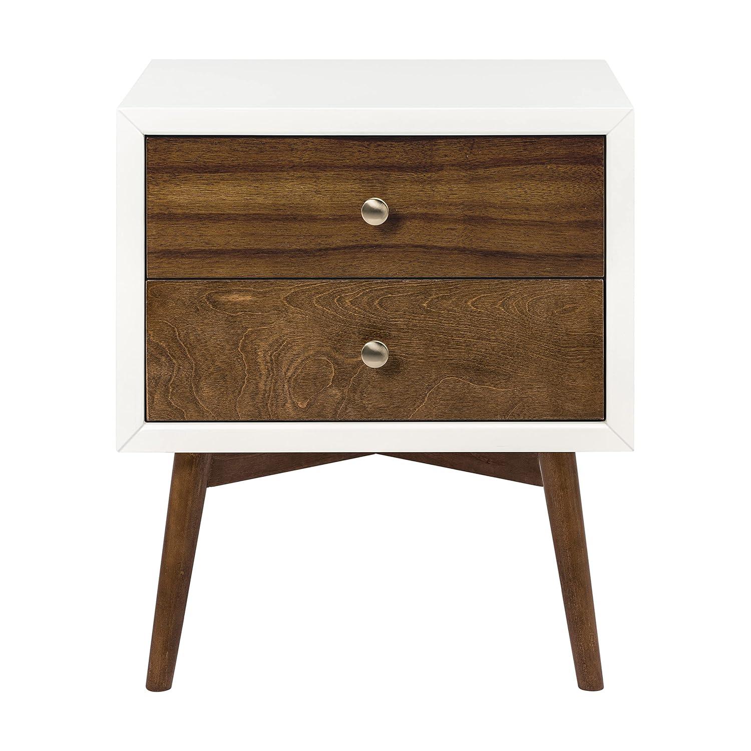 Palma Mid-Century Modern 2-Drawer Warm White/Walnut Nightstand with USB Port