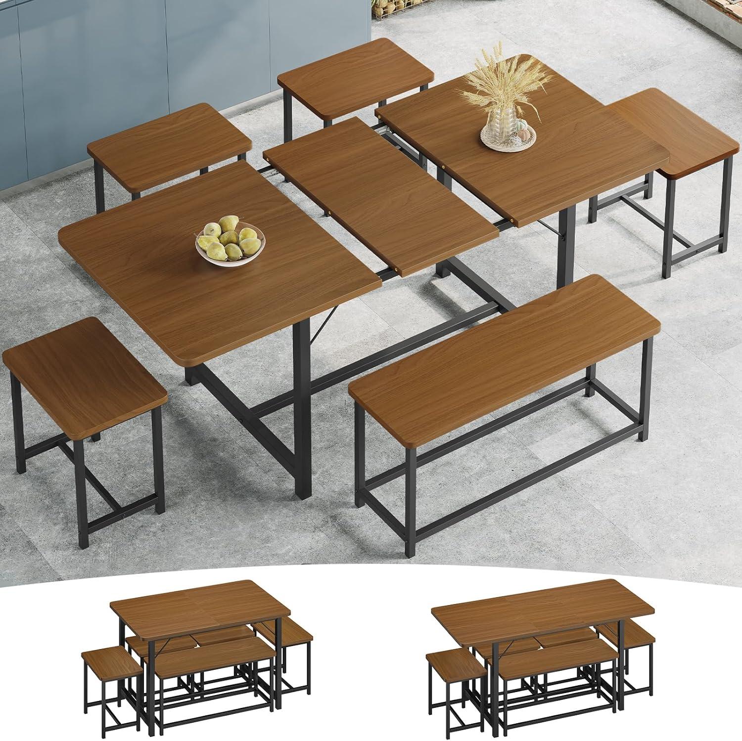 Walnut Extendable Dining Table Set with Bench and 4 Stools