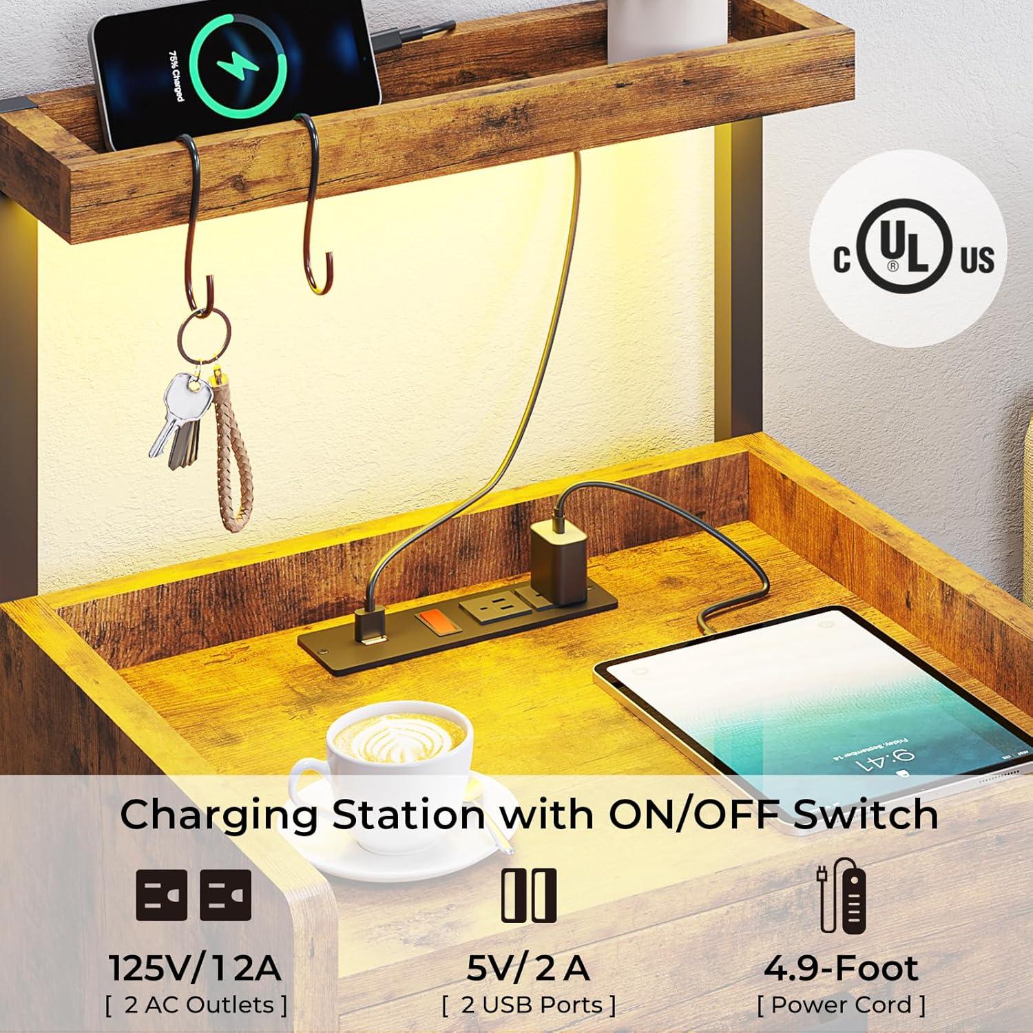 Brown LED Night Stand with Charging Station, Modern Bedside Table for Bedroom