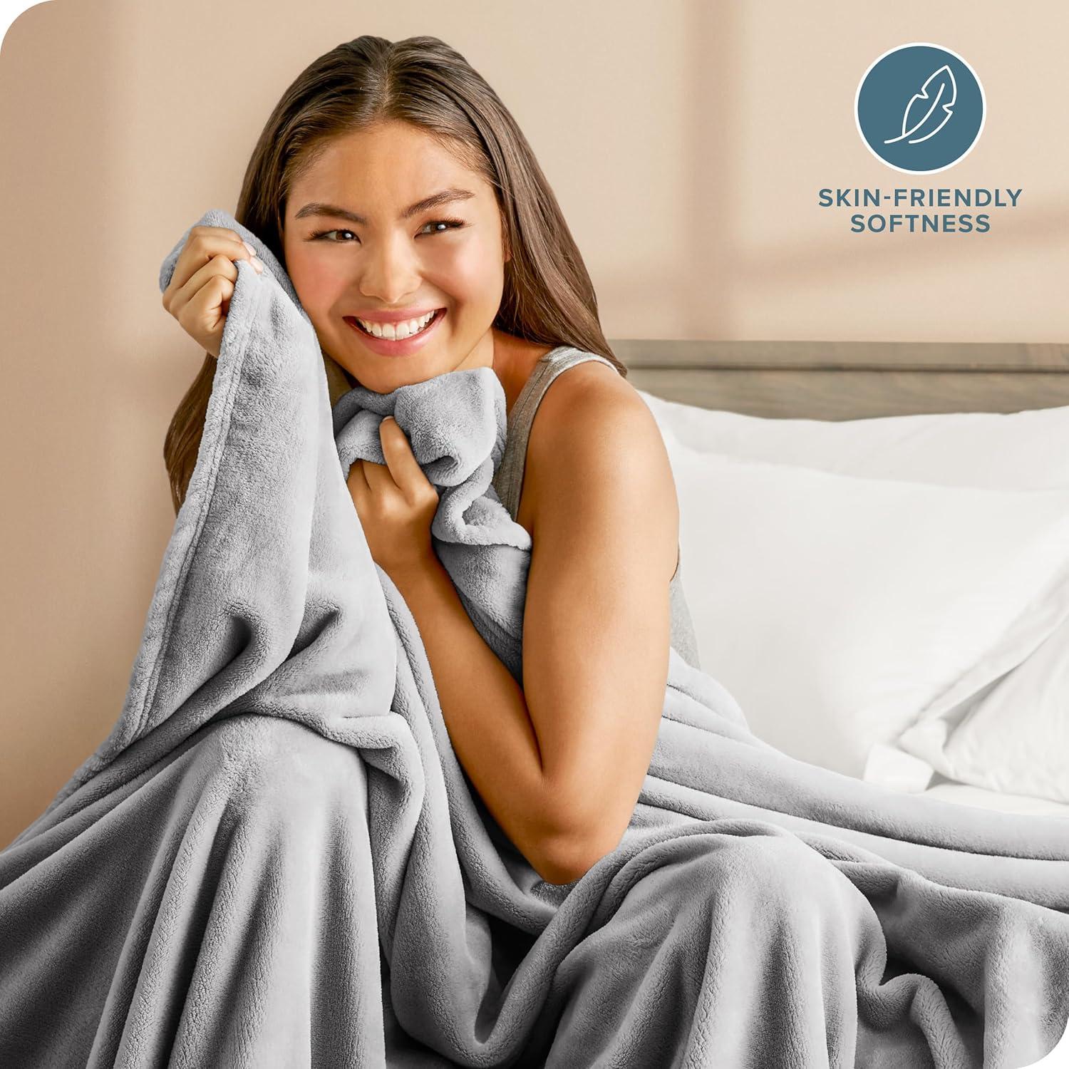 Bare Home Microplush Fleece Blanket - 300 GSM - Fuzzy Microfleece - Soft & Plush - Full/Queen, Light Gray