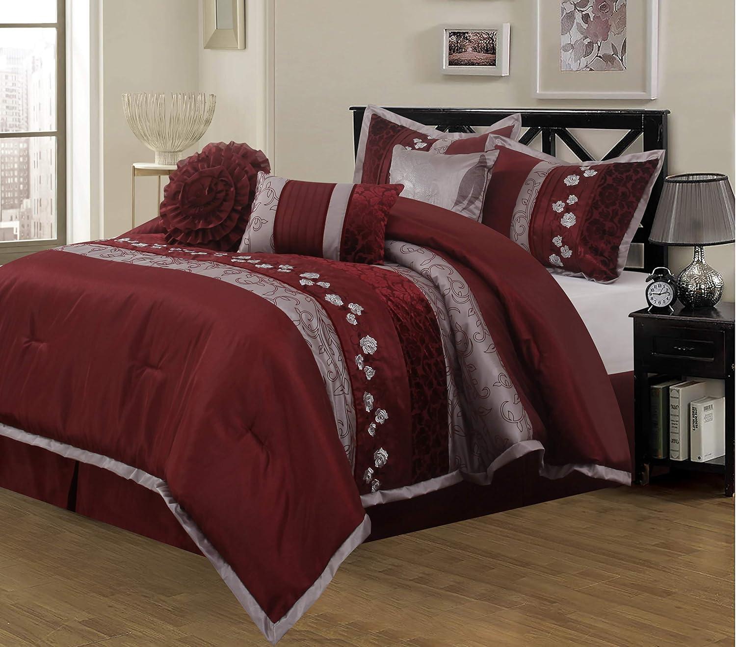 King Size 7 Piece Burgundy Brown Embroidery Soft Bedding Comforter Set