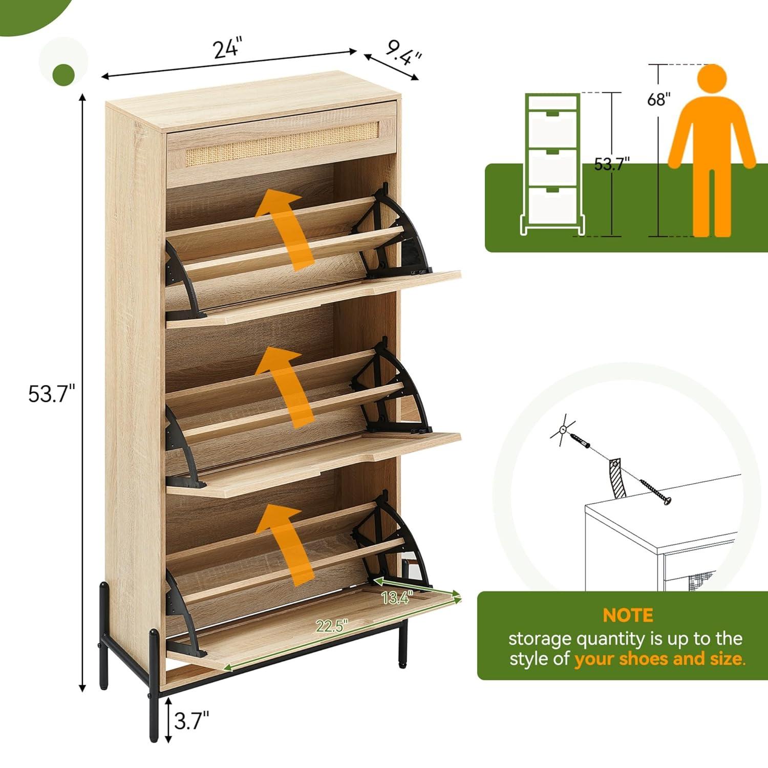 3 Flip Drawers Shoe Storage Cabinet with 1 Drawer, Rattan Shoe Organizer with Metal Legs, Freestanding Narrow Shoe Rack Cabinet for Entryway, Oak