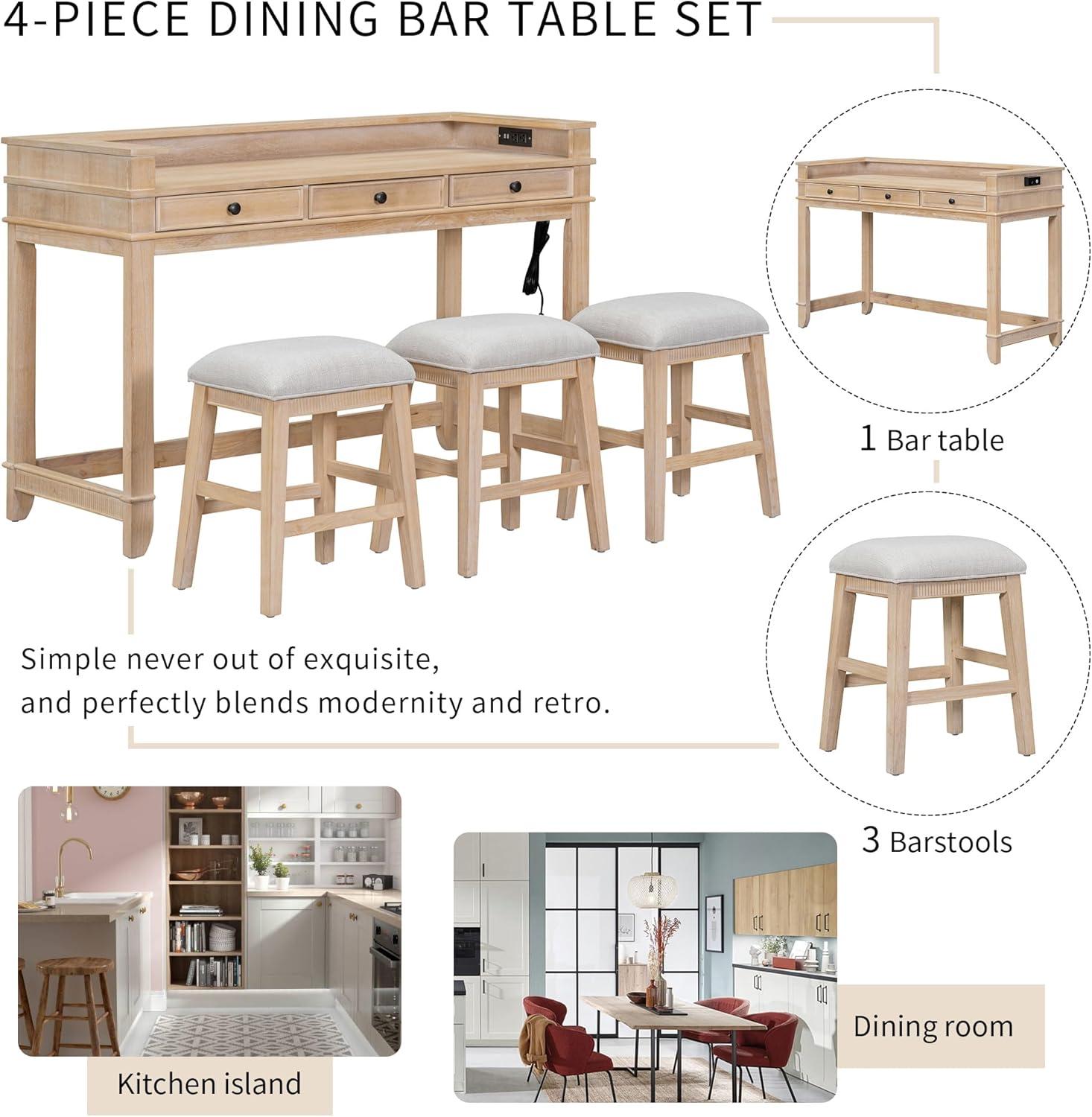 Natural Wood Bar Table Set with 3 Upholstered Stools and USB Port