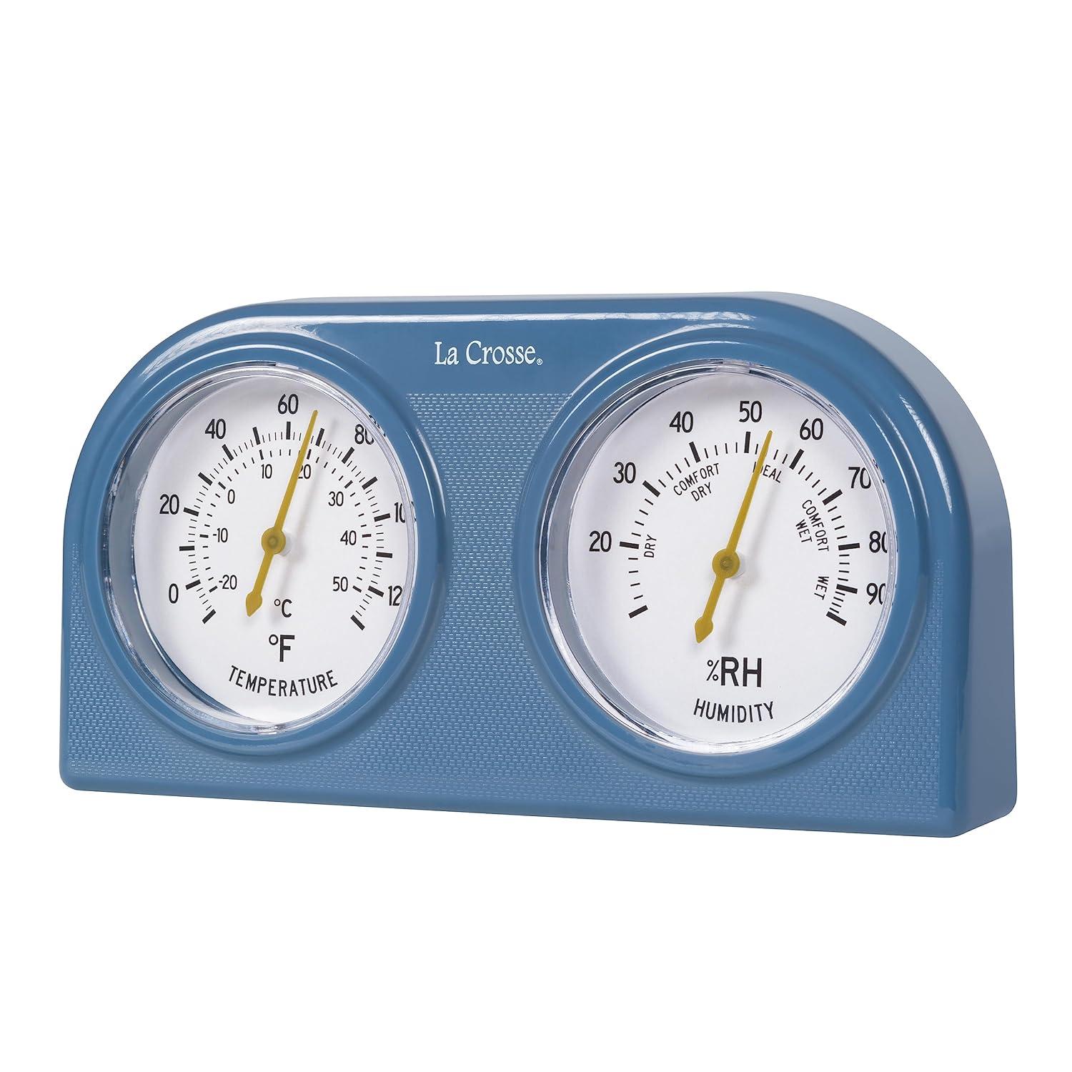 Blue Analog Indoor Thermometer and Humidity Gauge with Dual Dials