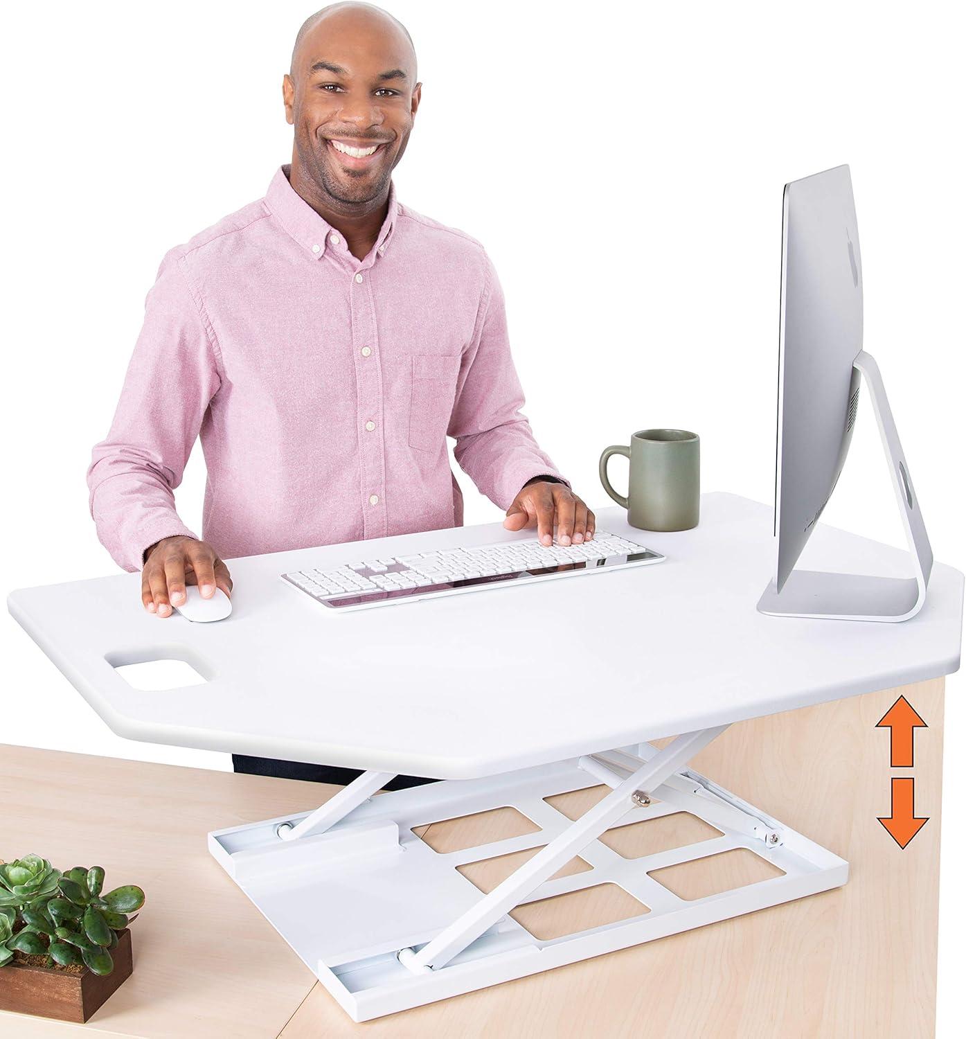 X-Elite Premier Corner Standing Desk Converter with Pneumatic Height Adjustment – White – Stand Steady