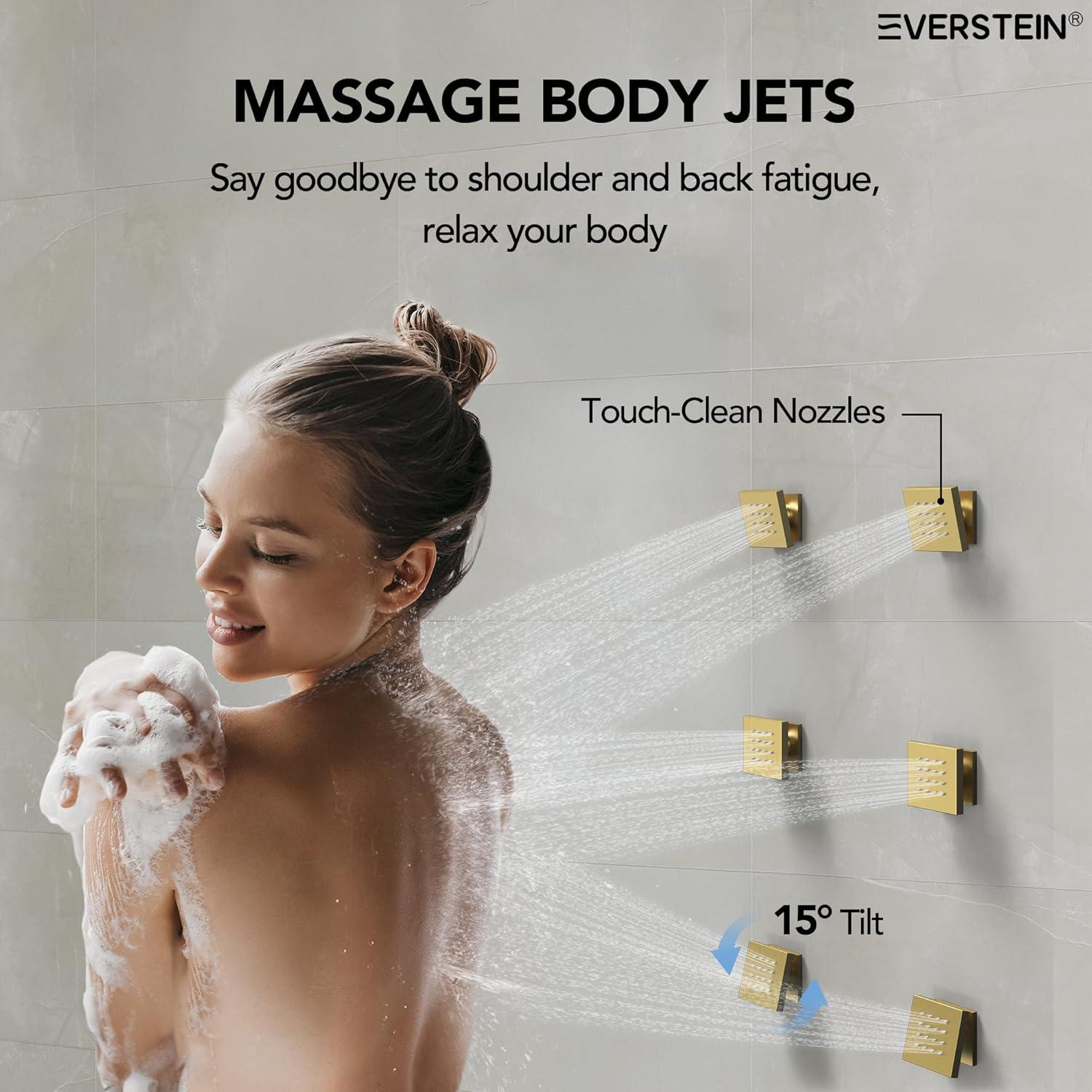 DualJetSpa 15-Spray Patterns 16" & 6" Dual Shower Head, Shower FaucetSystem with Thermostatic Rough-in Valve and Body Jets