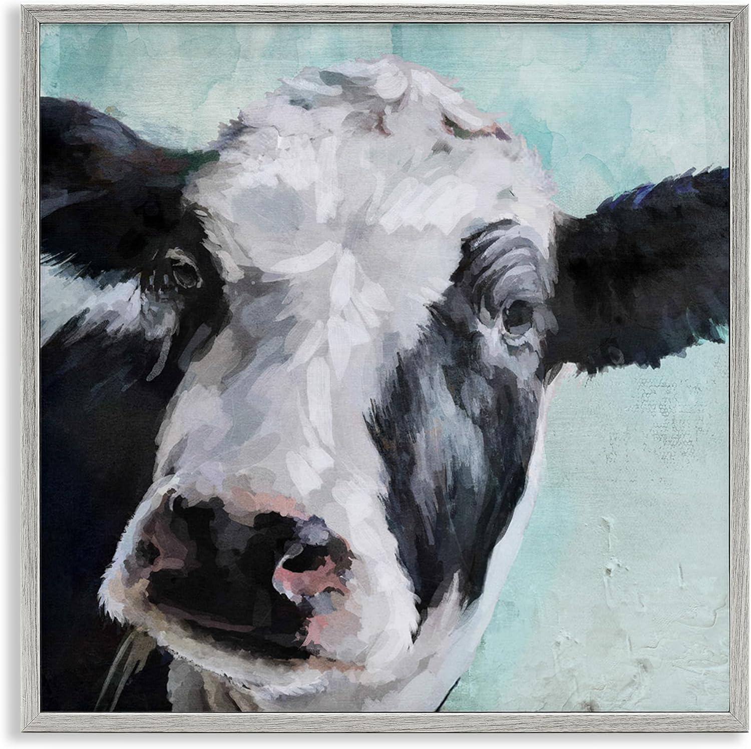 Stupell Industries Gentle Farm Cow Painting on Blue Animals & Insects Painting Gray Framed Art Print Wall Art, 12 x 12