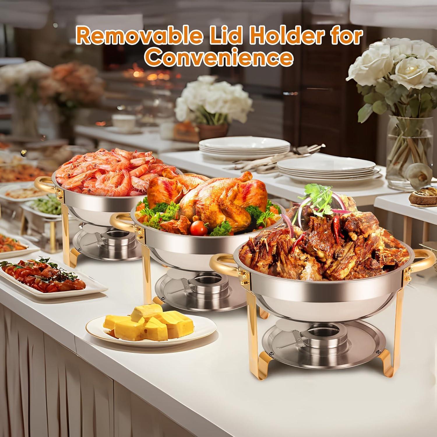 WhizMax Chafing Dish Buffet Set 2 Pack 5QT, Stainless Steel Round Chafing Dishes for Buffet with Lid Holder & Glass Lid, Gold