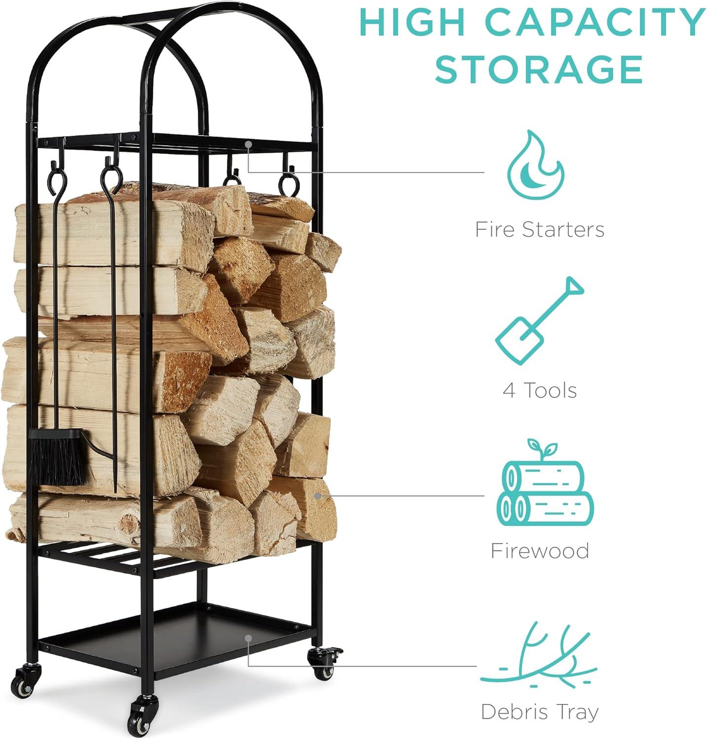 Best Choice Products 4ft 3-Tier Firewood Log Rack, Vertical Wrought Iron Holder for Home w/ 4-Piece Tool Set, Wheels