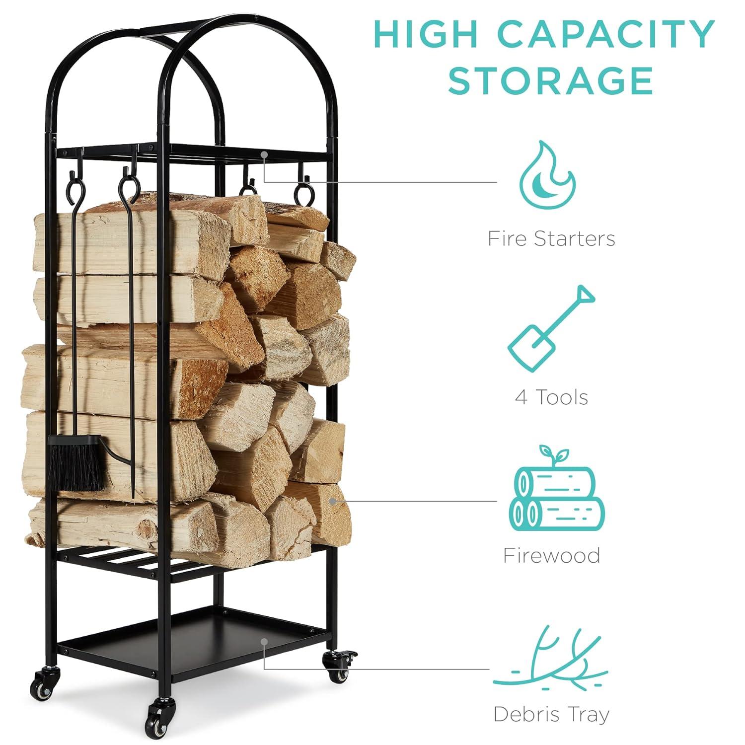 Best Choice Products 4ft 3-Tier Firewood Log Rack, Vertical Wrought Iron Holder for Home w/ 4-Piece Tool Set, Wheels