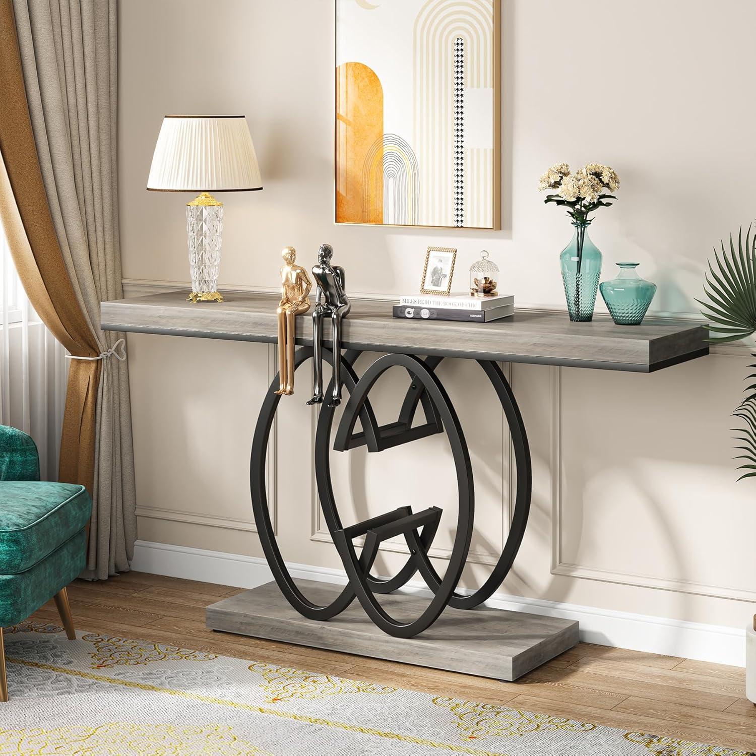 Gray Faux Marble and Black Metal Console Table with Geometric Base