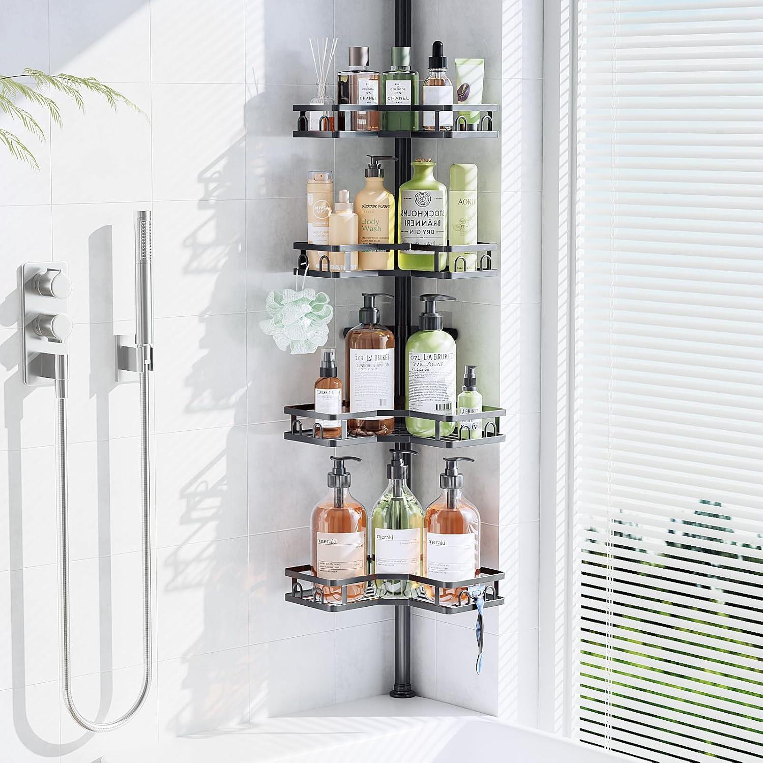 Corner Shower Caddy Tension Pole - 62-115INCH - 4-Tier Rustproof Bathroom Organizer Shelves, Adjustable Bathtub Tub Shampoo Storage