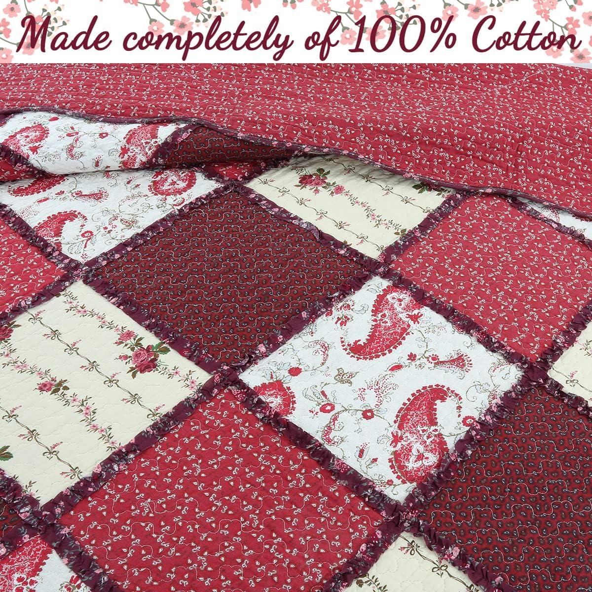 Cozy Line Home Fashions Rich Red Rose Floral Paisley 3-Piece Patchwork Ruffle Scalloped Vintage Farmhouse Cotton Reversible Queen Quilt Bedding Set