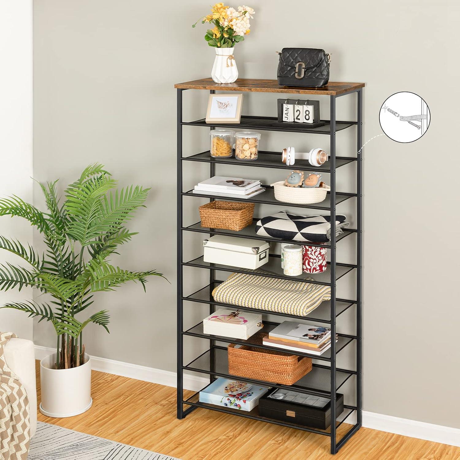 Industrial Matte Black 10-Tier Metal Shoe Rack