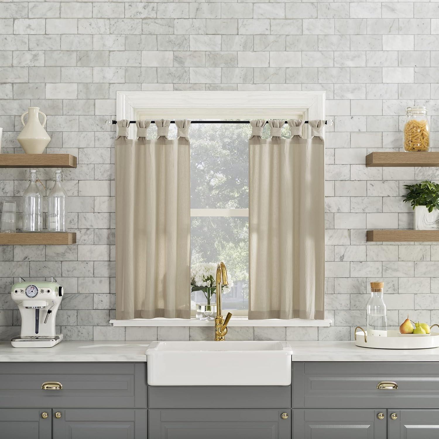 2pc 52"x45" Archaeo Washed Cotton Twist Tab Cafe Curtain Tier Pair Oatmeal: Kitchen Curtains, 45 Inch Long, Solid Beige