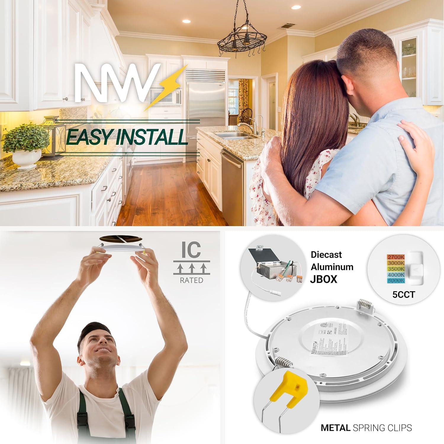 Adjustable Downlight 6'' Selectable Color Temperature Dimmable Air-Tight IC Rated LED Canless Recessed Lighting Kit