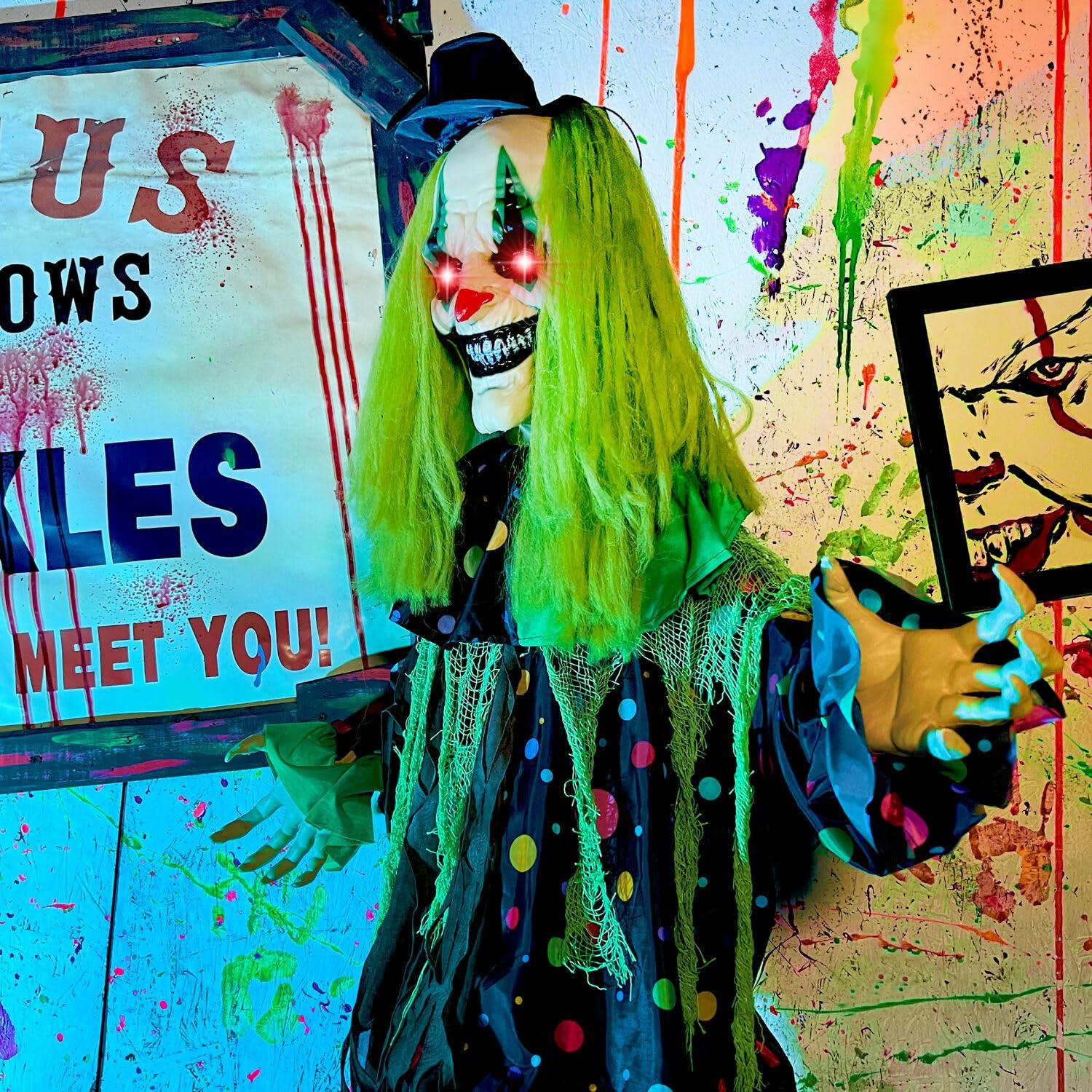 Haunted Hill Farm Lifesize Animatronic Clown with Lights and Sound, Indoor/Covered Outdoor Halloween Decoration
