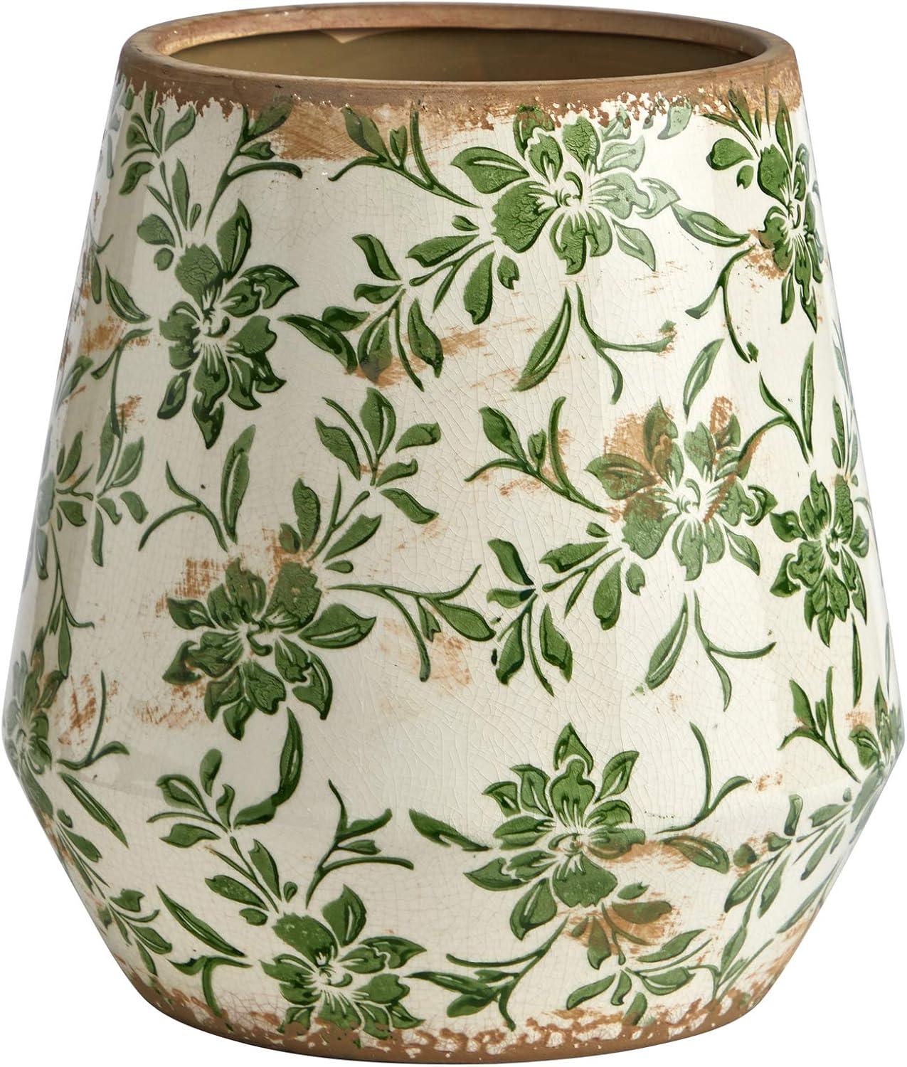 12" Green Floral Ceramic Indoor Planter