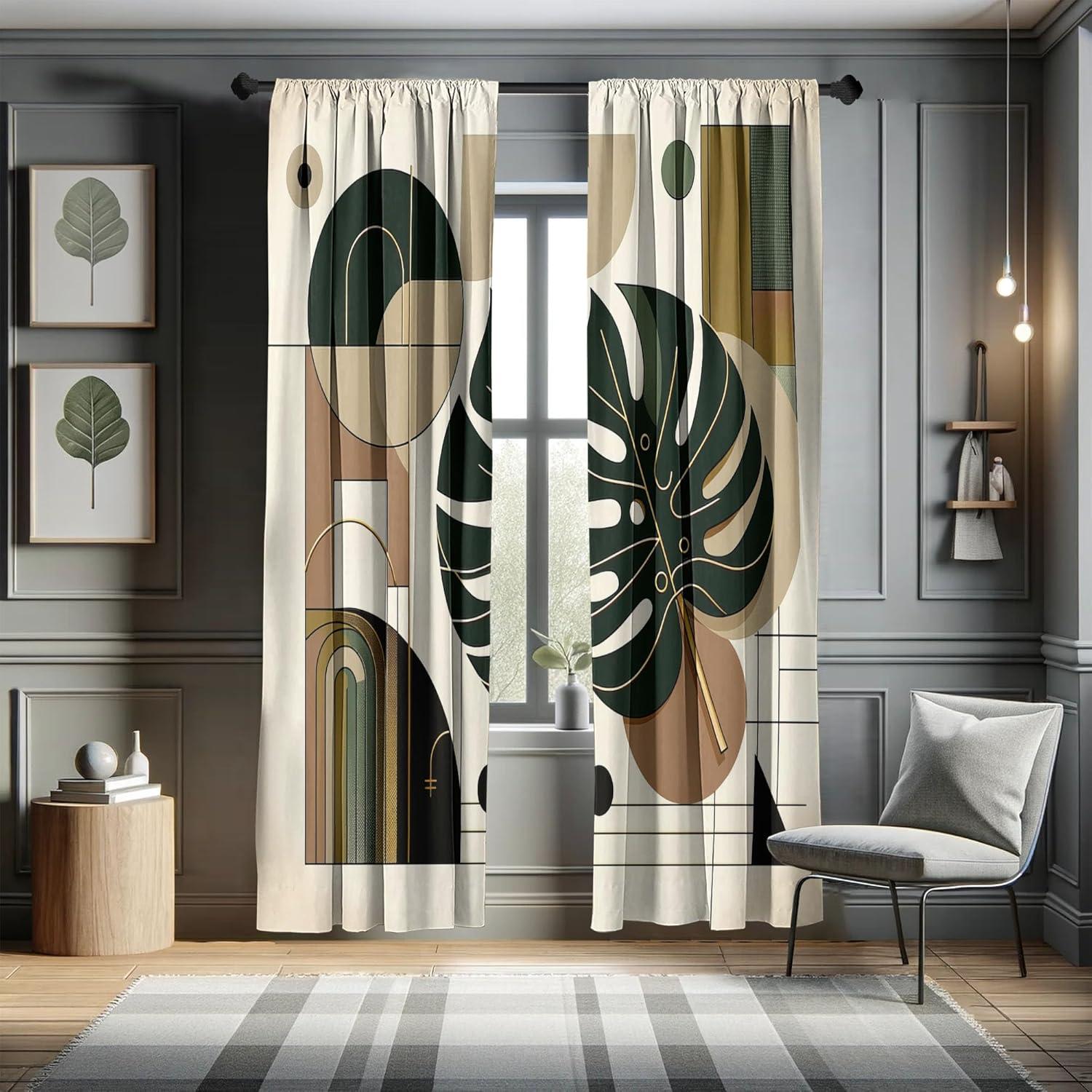 Gray Monstera Leaf Mid Century Modern Room Darkening Curtains