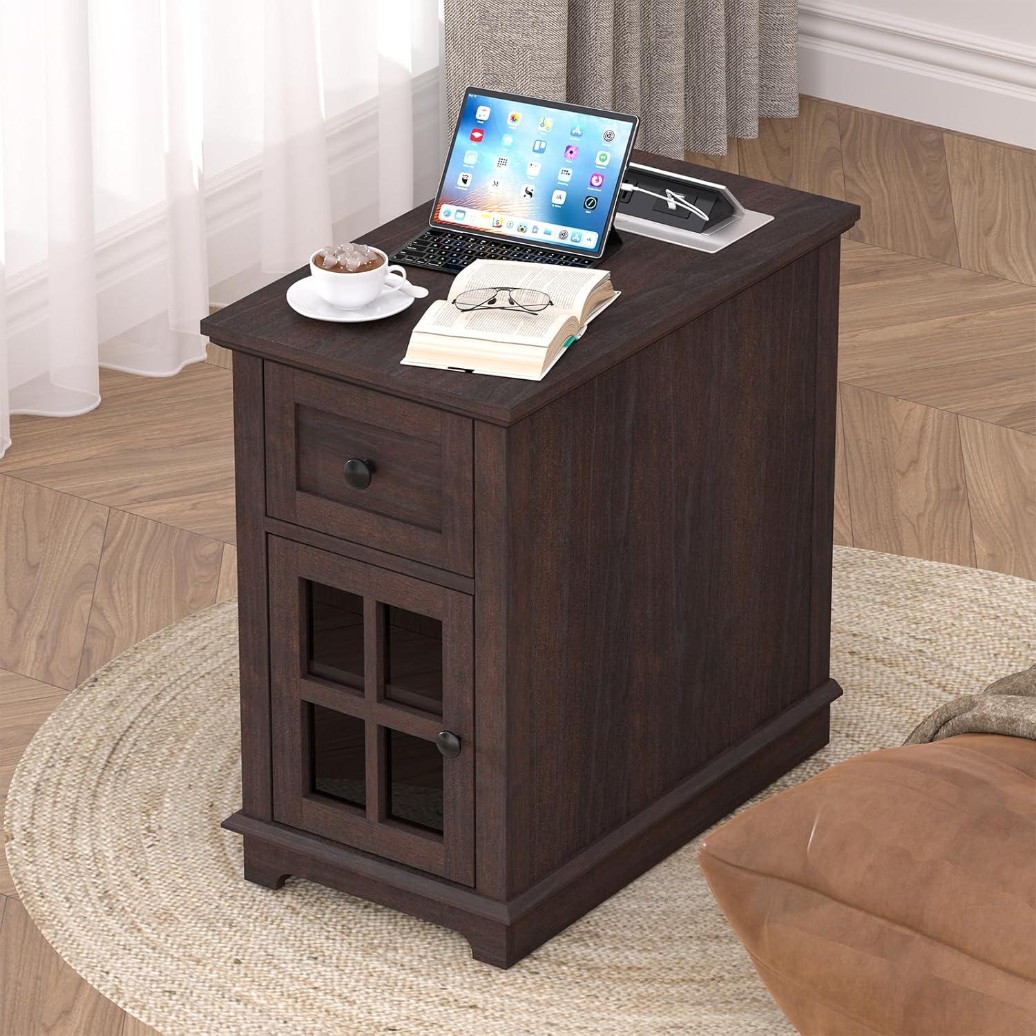 Espresso Wood End Table with Charging Station and Storage